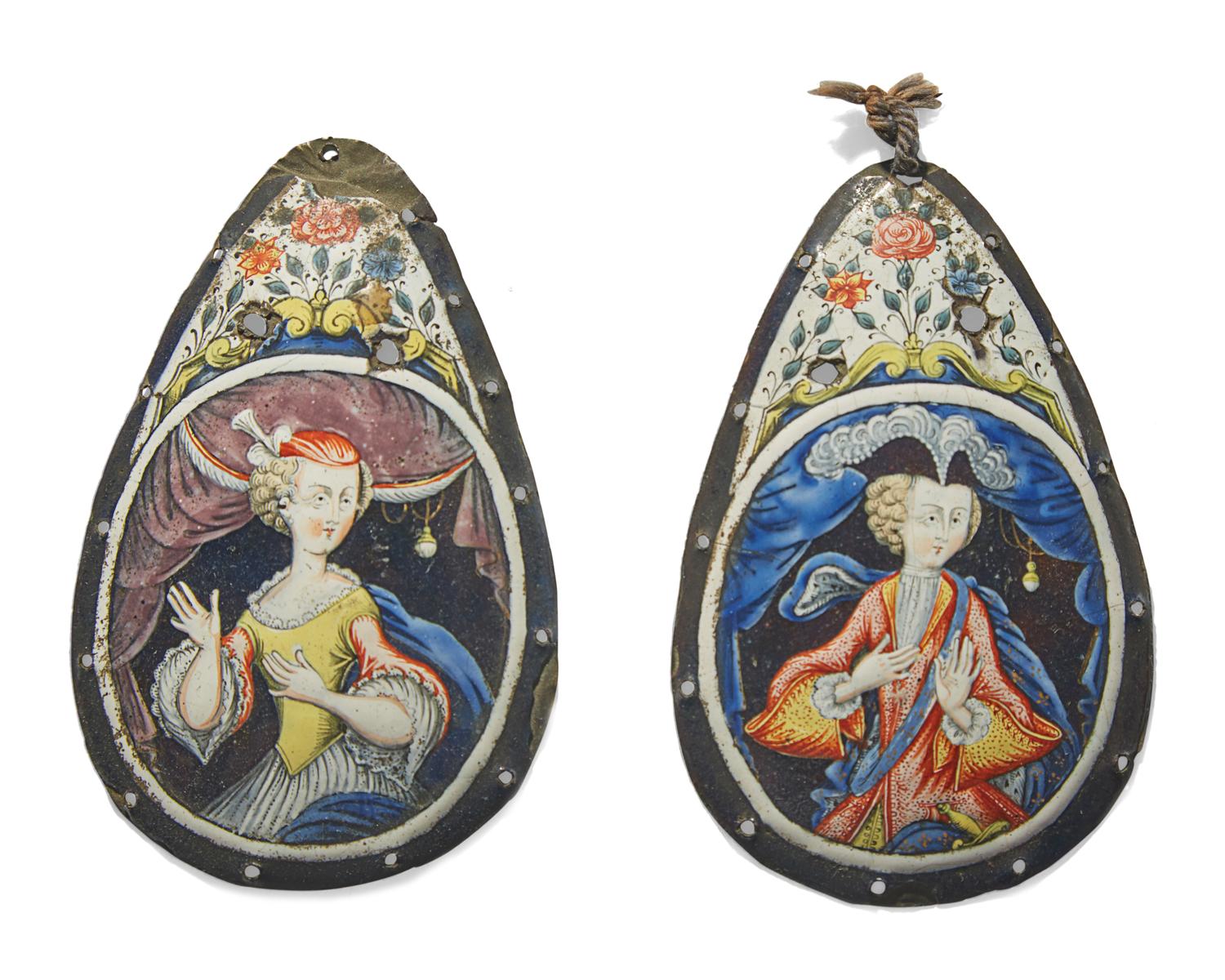A pair of Continental enameled metal pendants, early 18th century