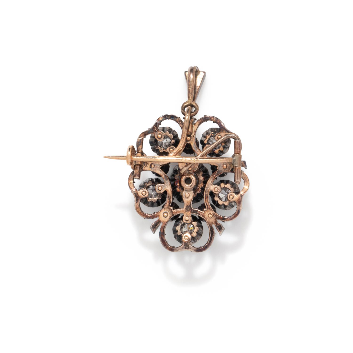 SILVER-TOPPED GOLD AND DIAMOND PENDANT/BROOCH