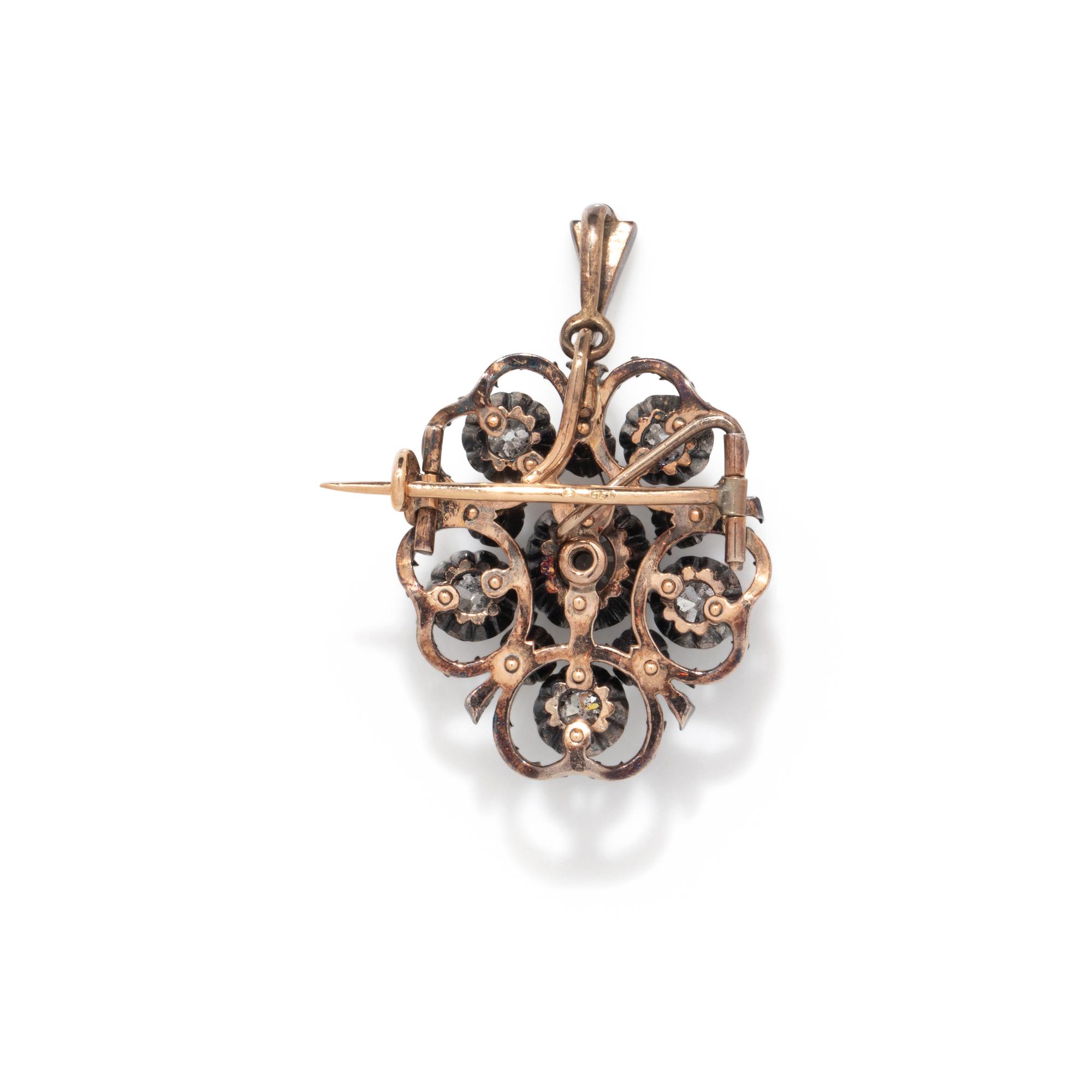 SILVER-TOPPED GOLD AND DIAMOND PENDANT/BROOCH