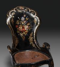 Two Victorian Black Lacquered Parcel-Gilt and Mother-of-Pearl Inlaid Cane Upholstered Slipper Chairs