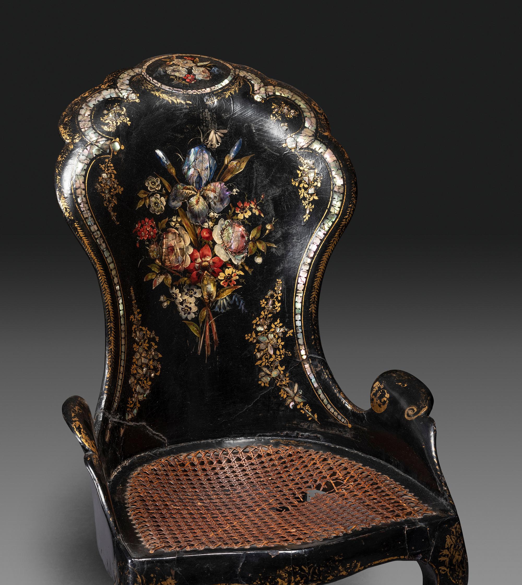Two Victorian Black Lacquered Parcel-Gilt and Mother-of-Pearl Inlaid Cane Upholstered Slipper Chairs