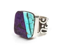 A Southwestern Style Silver, Sugilite and Turquoise Ring, Consuelo Campos Mosaic 7/8 x 7/8 inches.