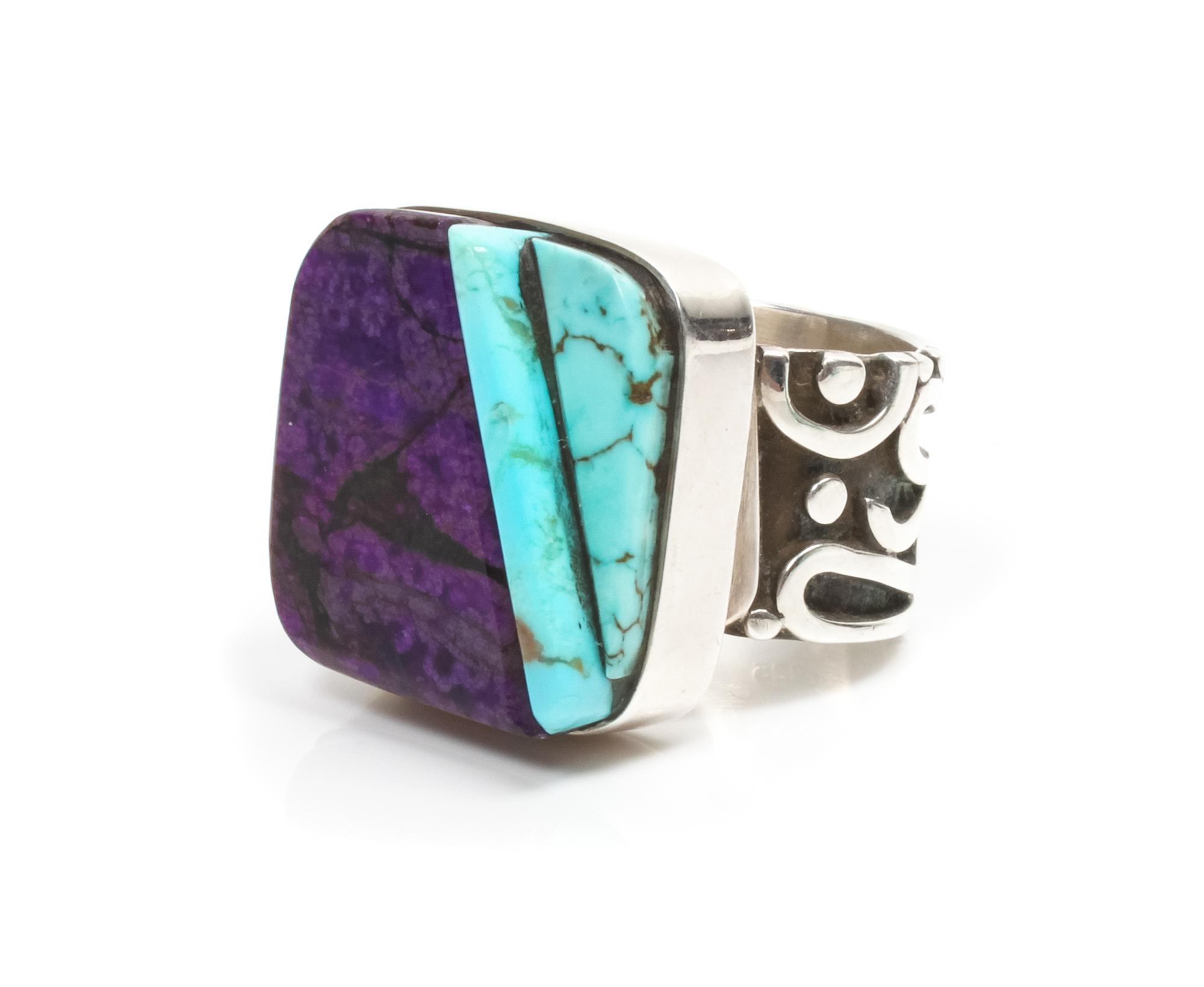 A Southwestern Style Silver, Sugilite and Turquoise Ring, Consuelo Campos Mosaic 7/8 x 7/8 inches.