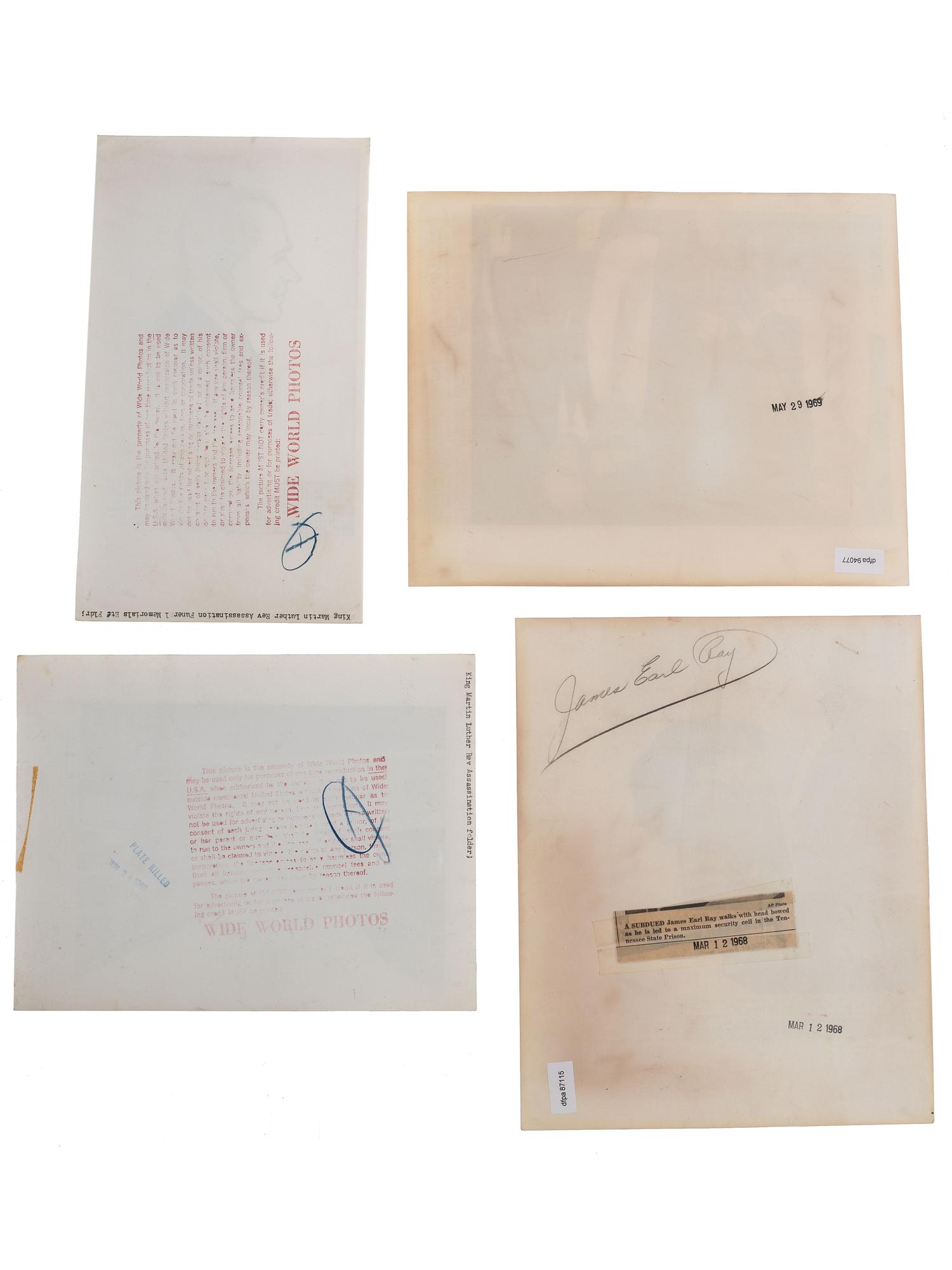 [KING, Martin Luther, Jr. (1929-1968)]. A group of 4 press photographs associated with the assassination of Martin Luther King, Jr., incl. views of his assassin James Earl Ray.