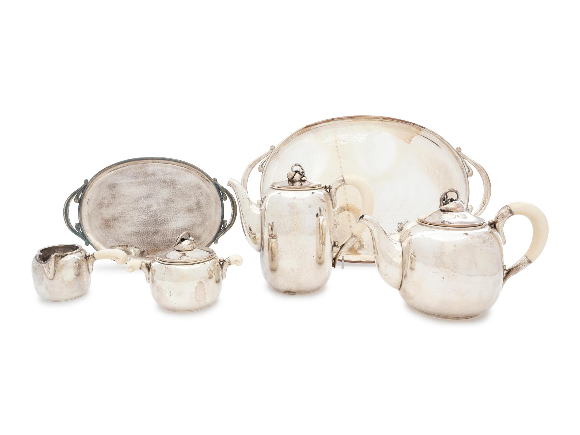 Coffee and Tea Service, c. 1945 Comprising Teapot Coffee Pot Covered Sugar Creamer Large Serving Tray Small Serving Tray