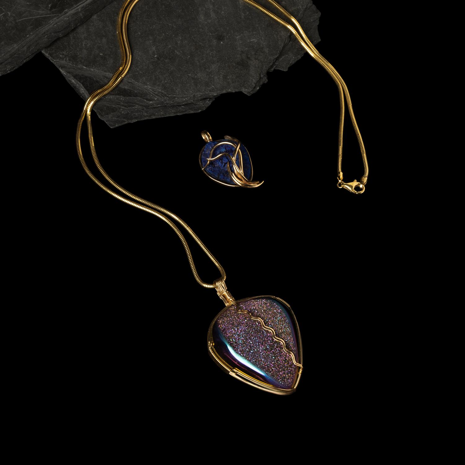 Darryl Edwards (American, 20th century) — Southwestern-style Yellow Gold and Druzy Quartz Pendants