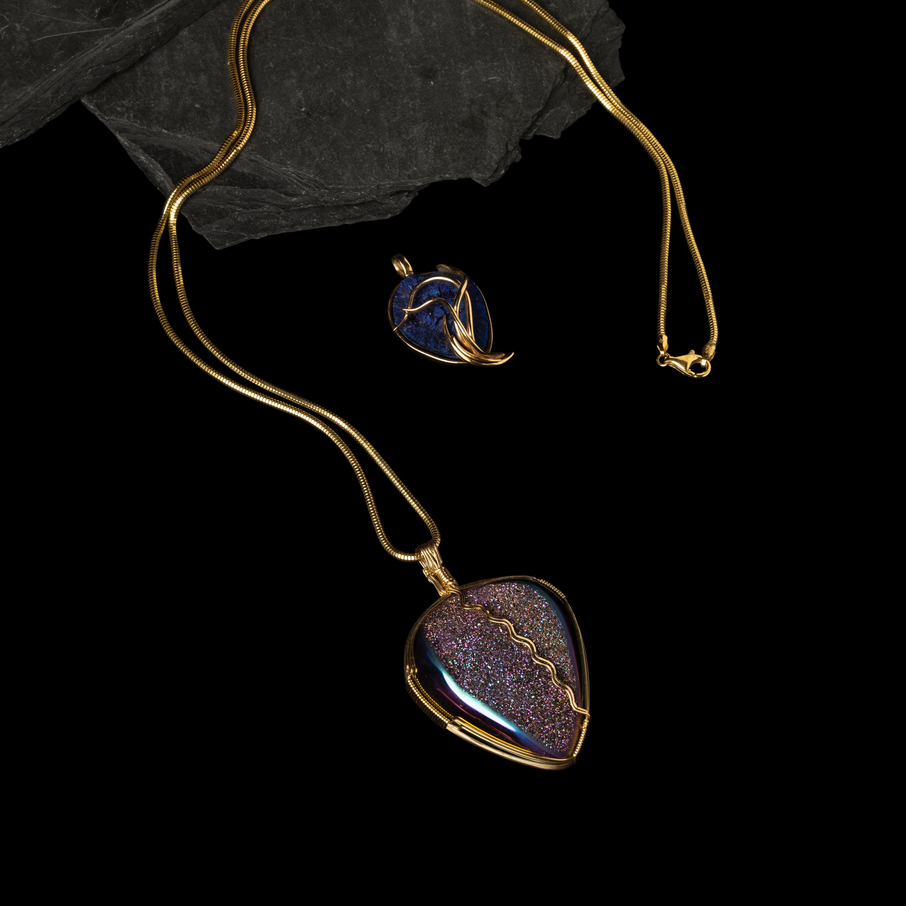 Darryl Edwards (American, 20th century) — Southwestern-style Yellow Gold and Druzy Quartz Pendants