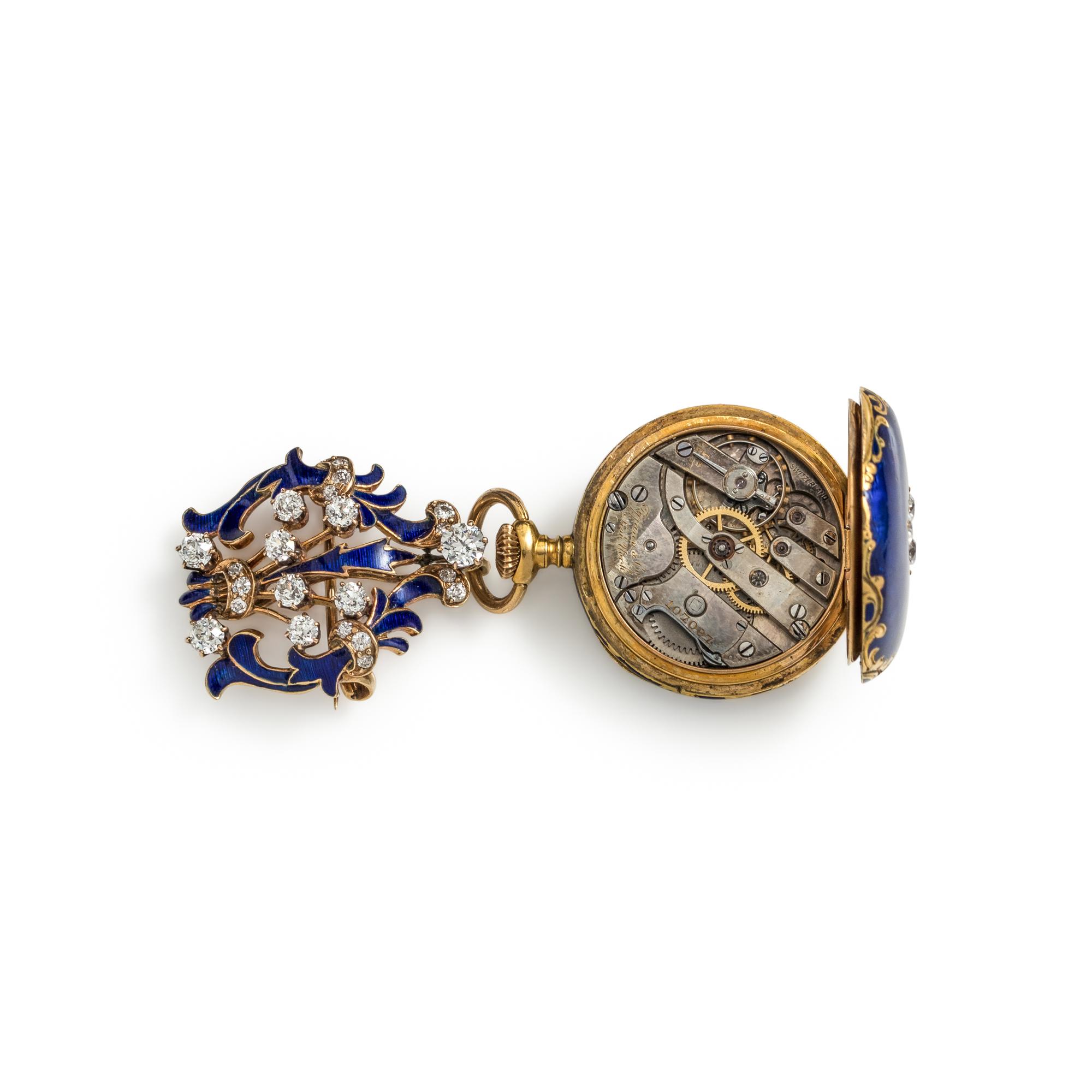 TIFFANY & CO., ANTIQUE, 18K YELLOW GOLD, ENAMEL AND DIAMOND OPEN FACE LAPEL WATCH