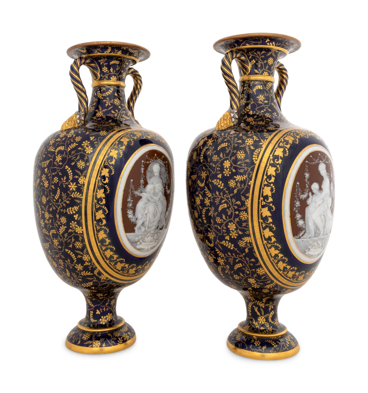 A Fine Pair of Mintons Pâte-sur-Pâte Cobalt Blue-Ground Vases