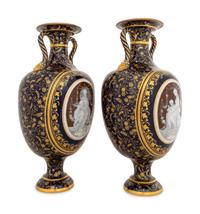 A Fine Pair of Mintons Pâte-sur-Pâte Cobalt Blue-Ground Vases