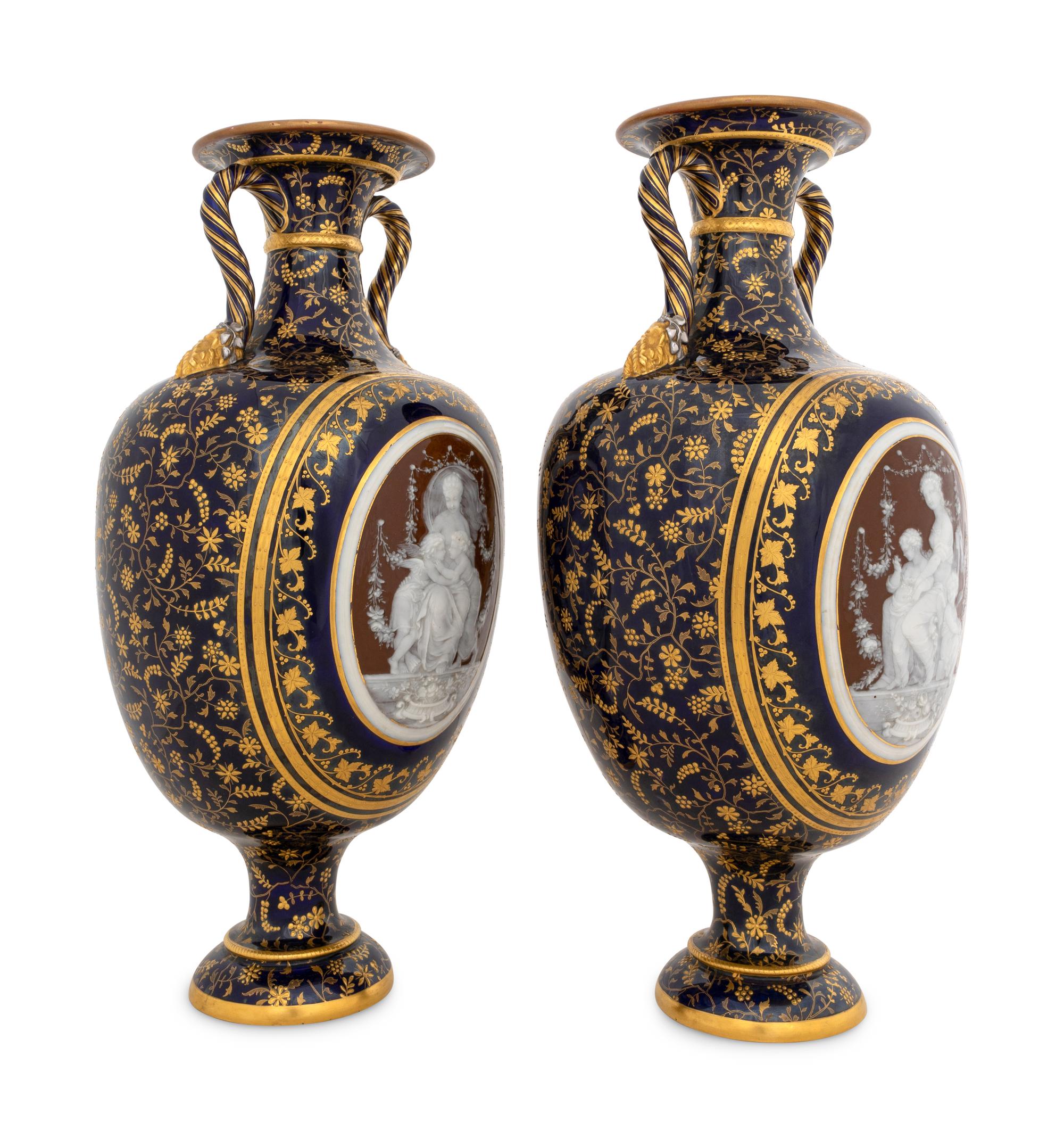 A Fine Pair of Mintons Pâte-sur-Pâte Cobalt Blue-Ground Vases