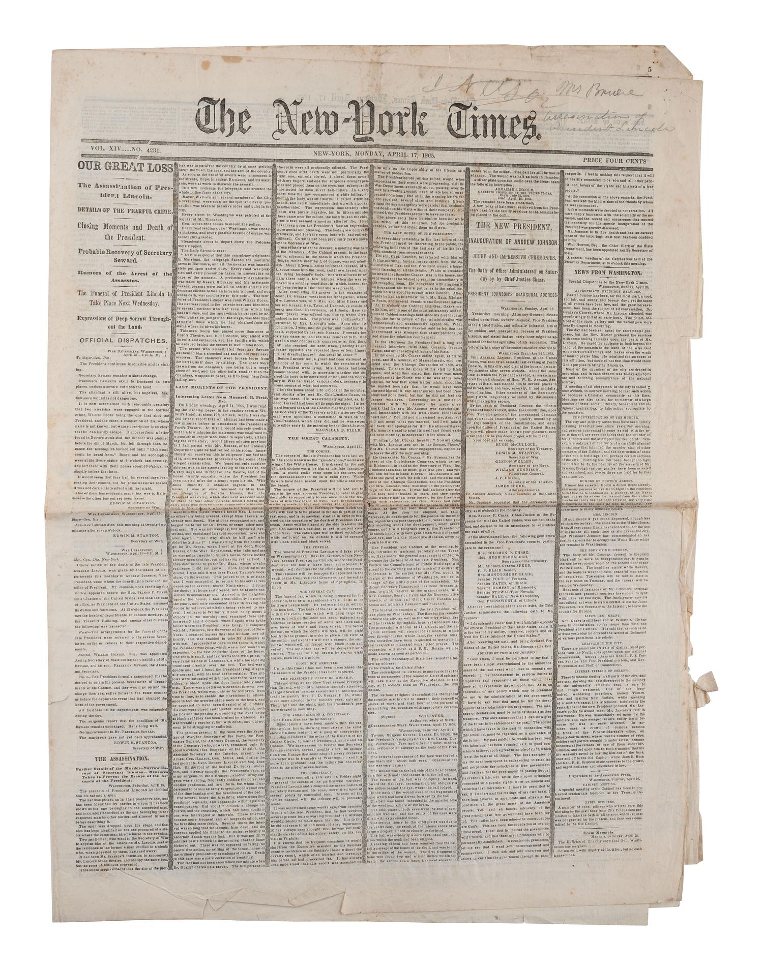 [LINCOLNIANA]. New York and New Jersey newspapers reporting on Lincoln's assassination. April 1865.