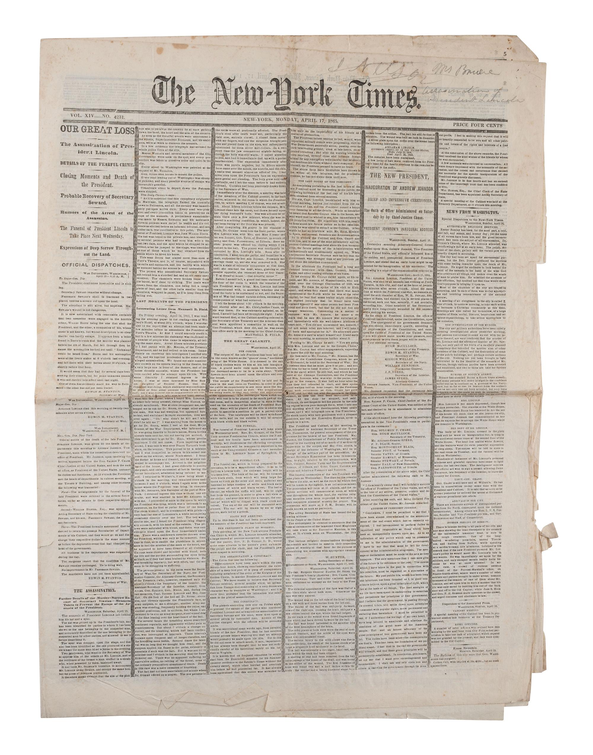 [LINCOLNIANA]. New York and New Jersey newspapers reporting on Lincoln's assassination. April 1865.