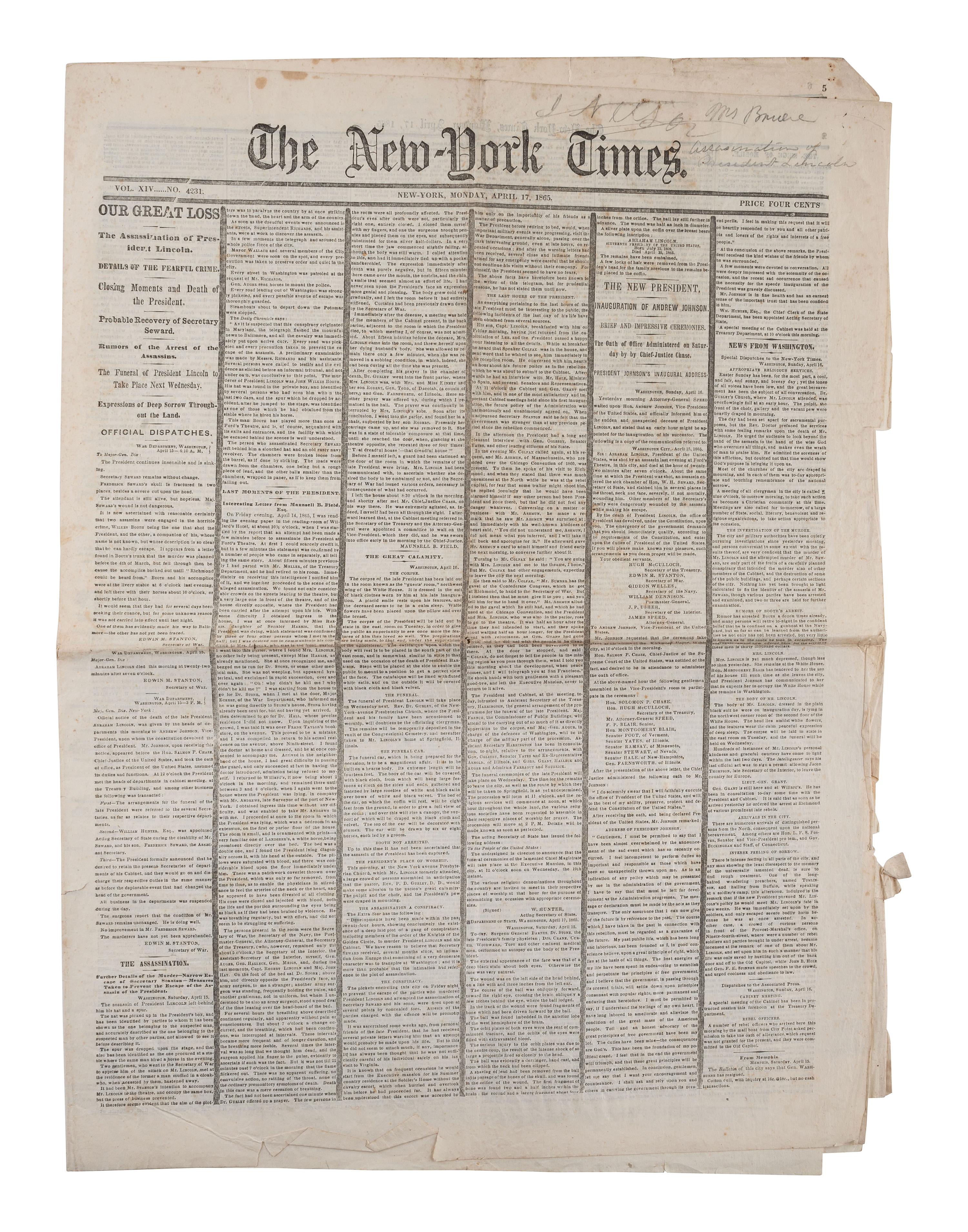 [LINCOLNIANA]. New York and New Jersey newspapers reporting on Lincoln's assassination. April 1865.