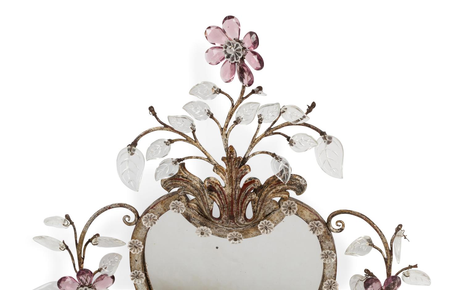 A Pair of Silvered Metal and Glass Three-Light Girandole Mirrors in the Style of Maison Baguès