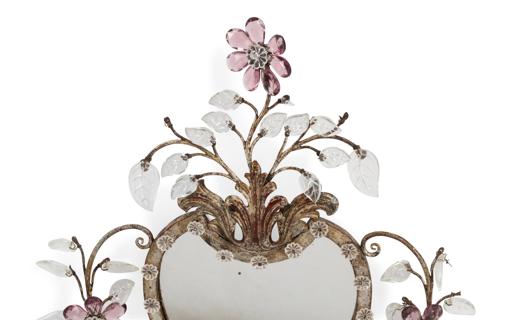 A Pair of Silvered Metal and Glass Three-Light Girandole Mirrors in the Style of Maison Baguès