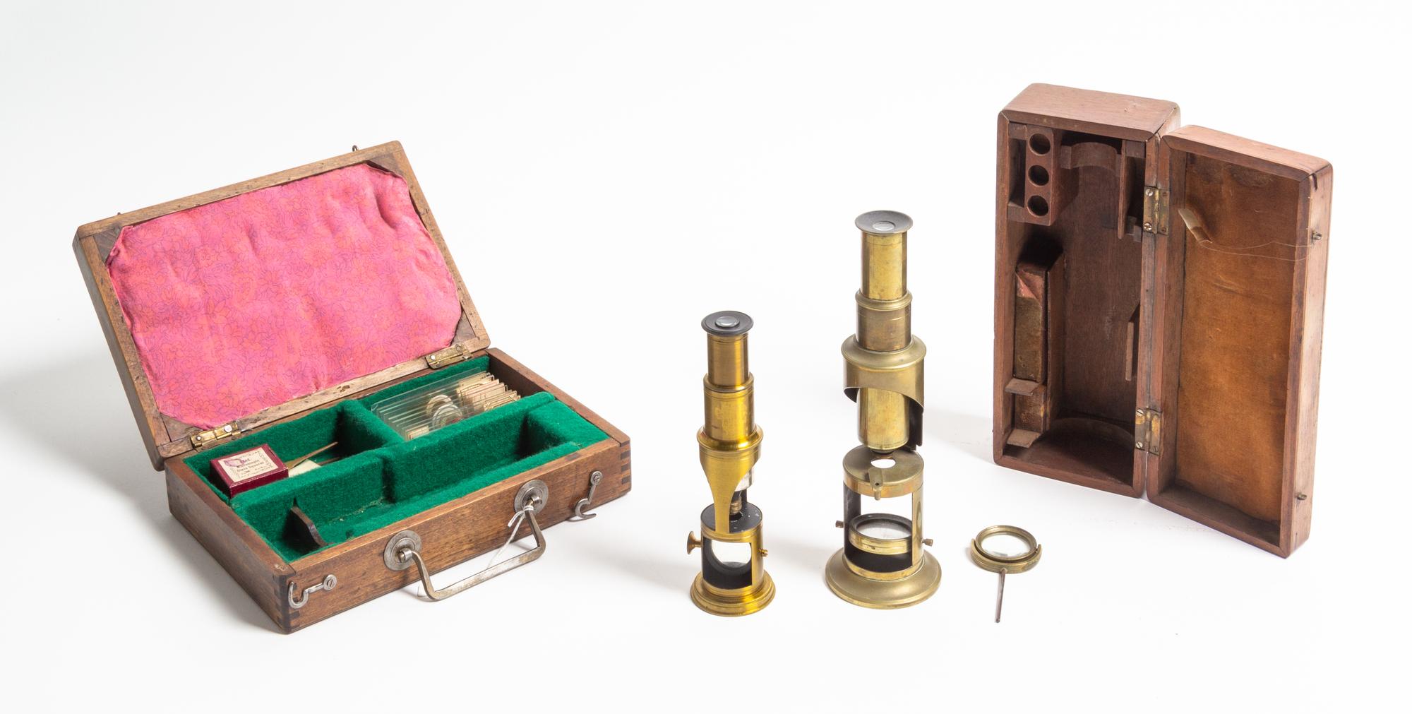 Two Cased and Lacquered Brass Drum Microscopes Height of taller 8 inches. — 19TH CENTURY