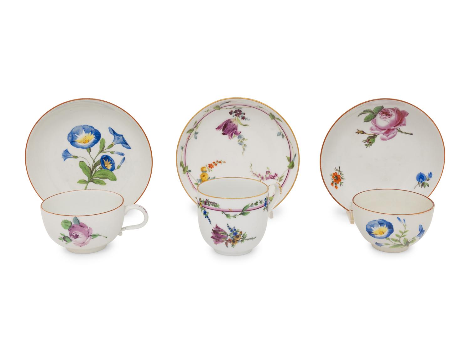Three Meissen Porcelain Teacups and Saucers