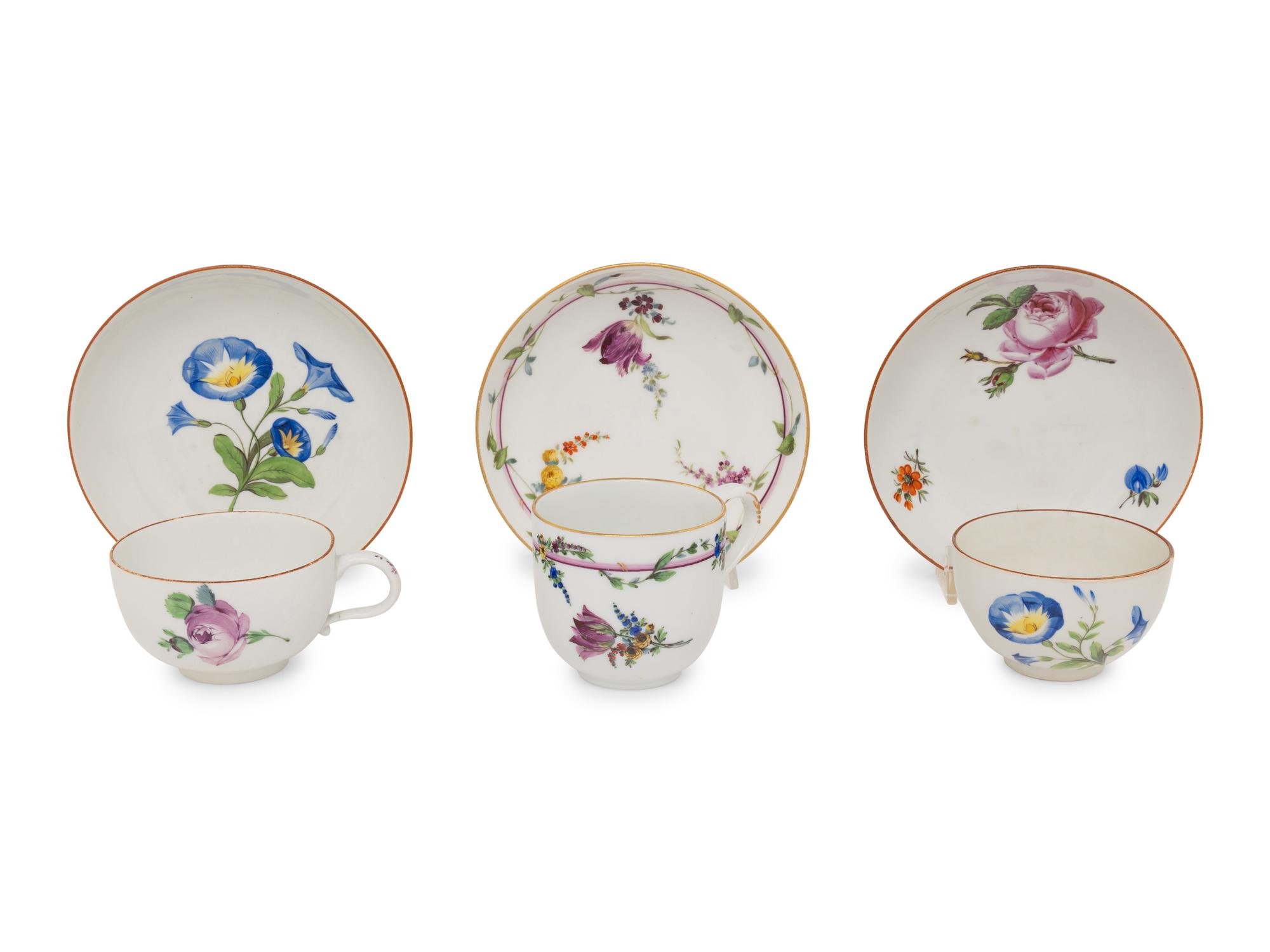 Three Meissen Porcelain Teacups and Saucers