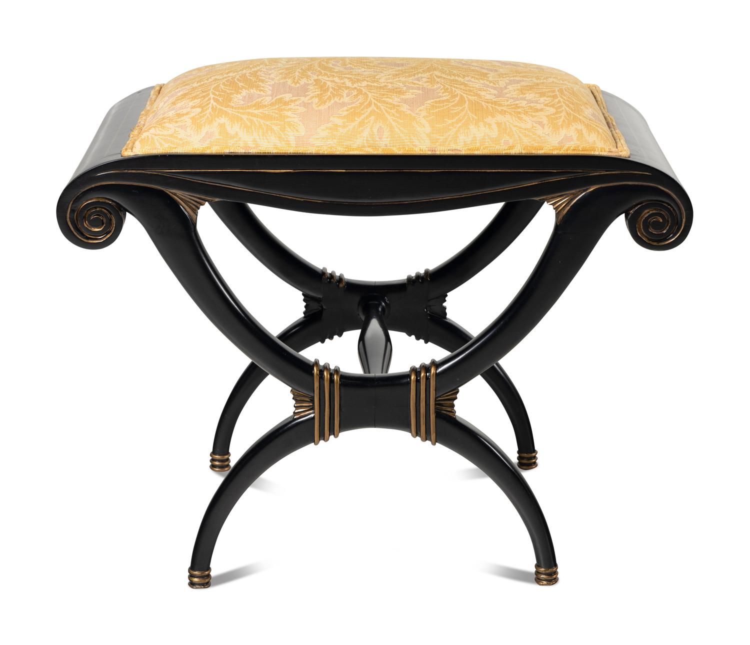 A Regency Style Black and Gilt Decorated Curule Form Stool