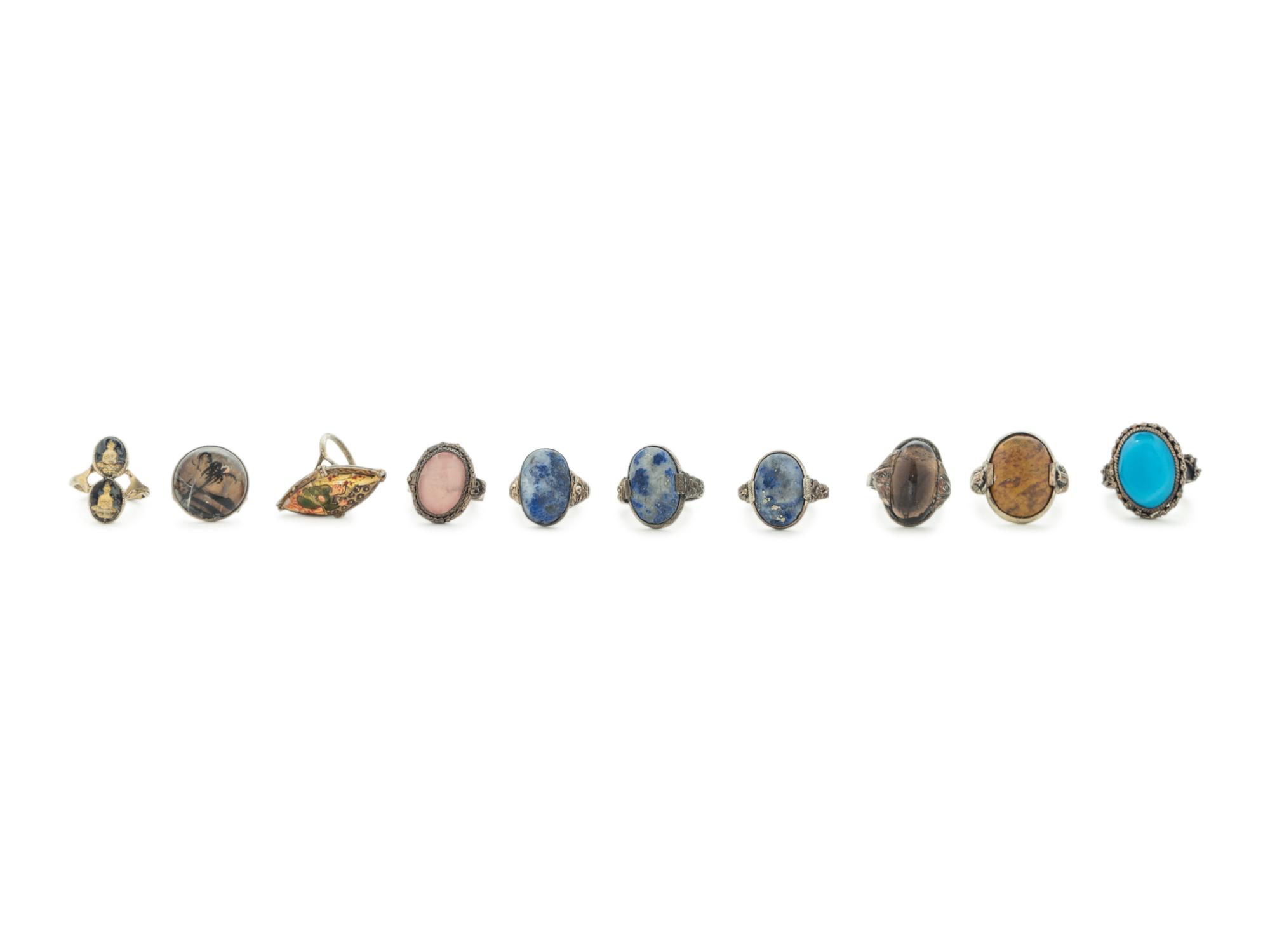 10 Chinese Hardstone and Glass Inset Silver and Metal Rings