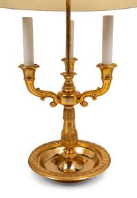 A Pair of Empire Style Gilt Metal and Painted Tôle Bouillotte Lamps