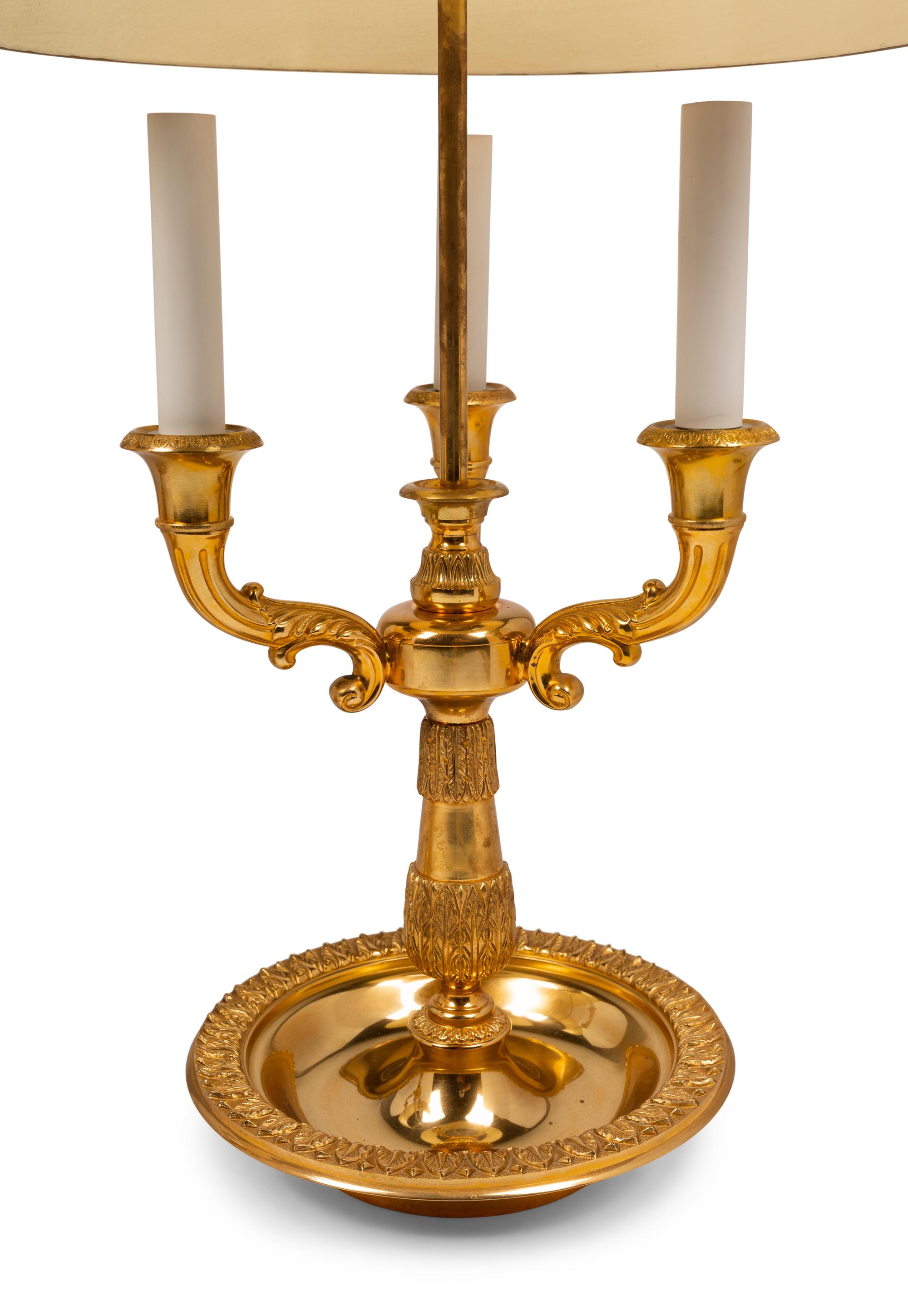 A Pair of Empire Style Gilt Metal and Painted Tôle Bouillotte Lamps