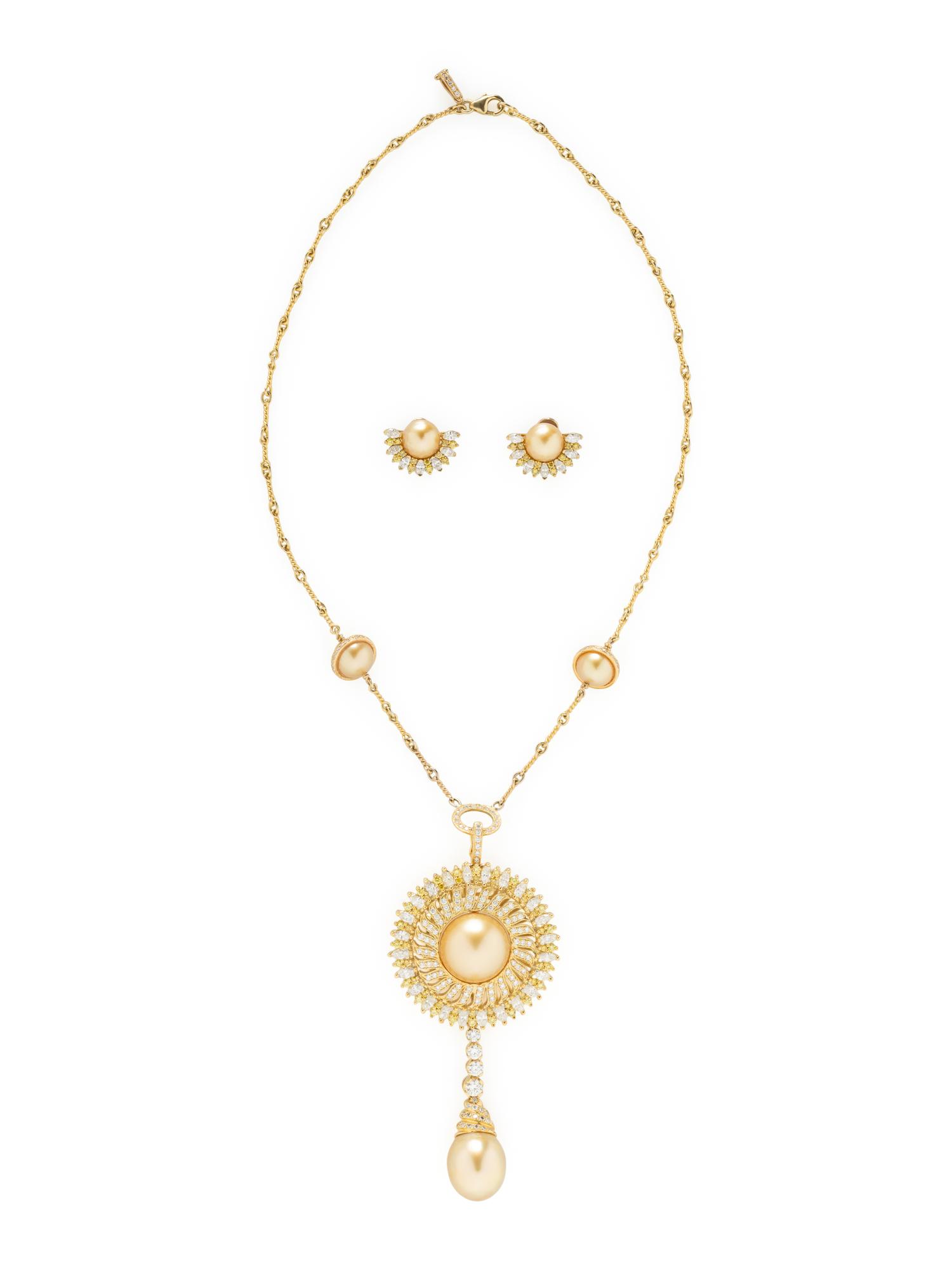 YELLOW GOLD, CULTURED PEARL, YELLOW DIAMOND, AND DIAMOND JEWELRY SUITE