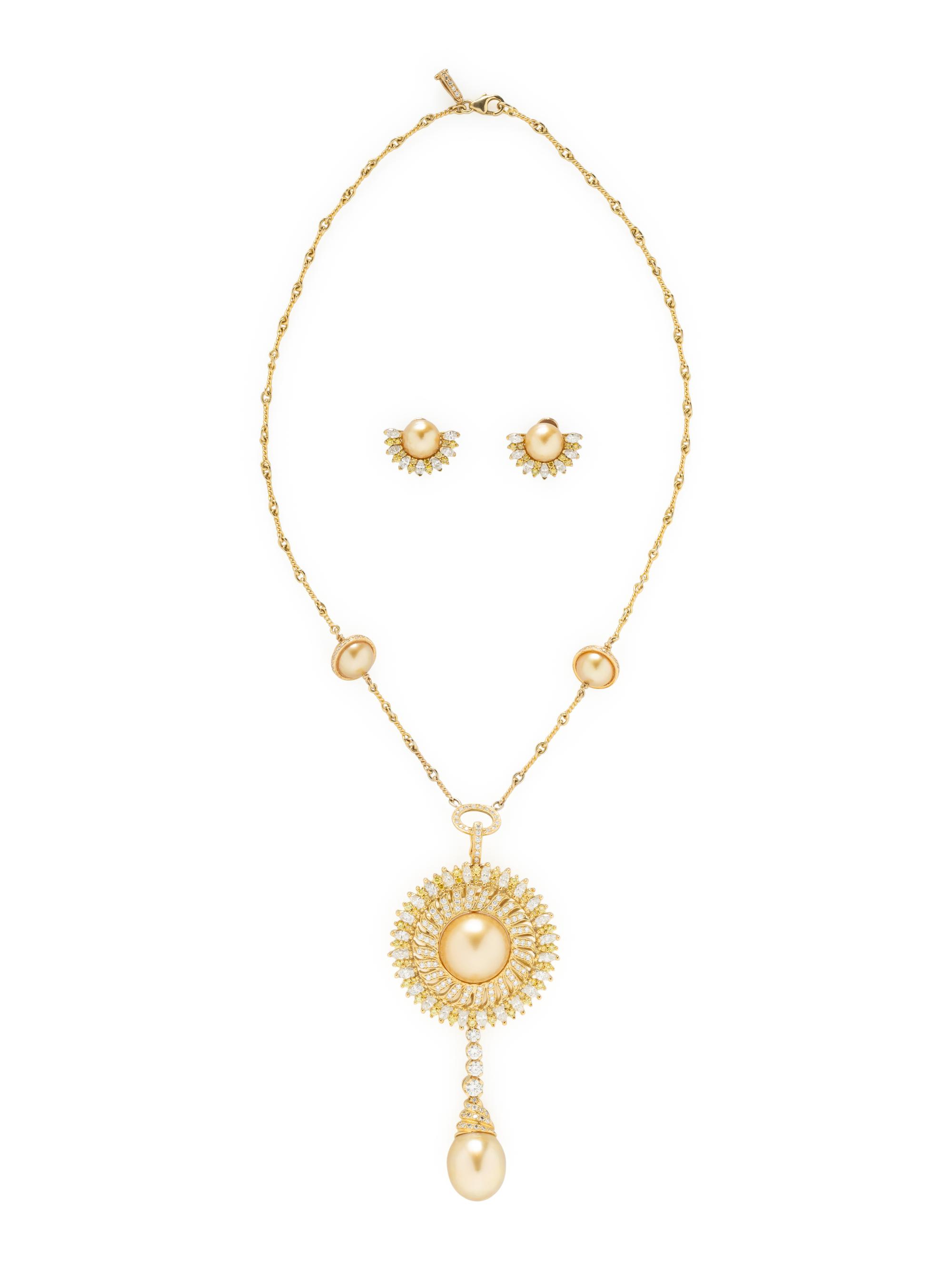 YELLOW GOLD, CULTURED PEARL, YELLOW DIAMOND, AND DIAMOND JEWELRY SUITE