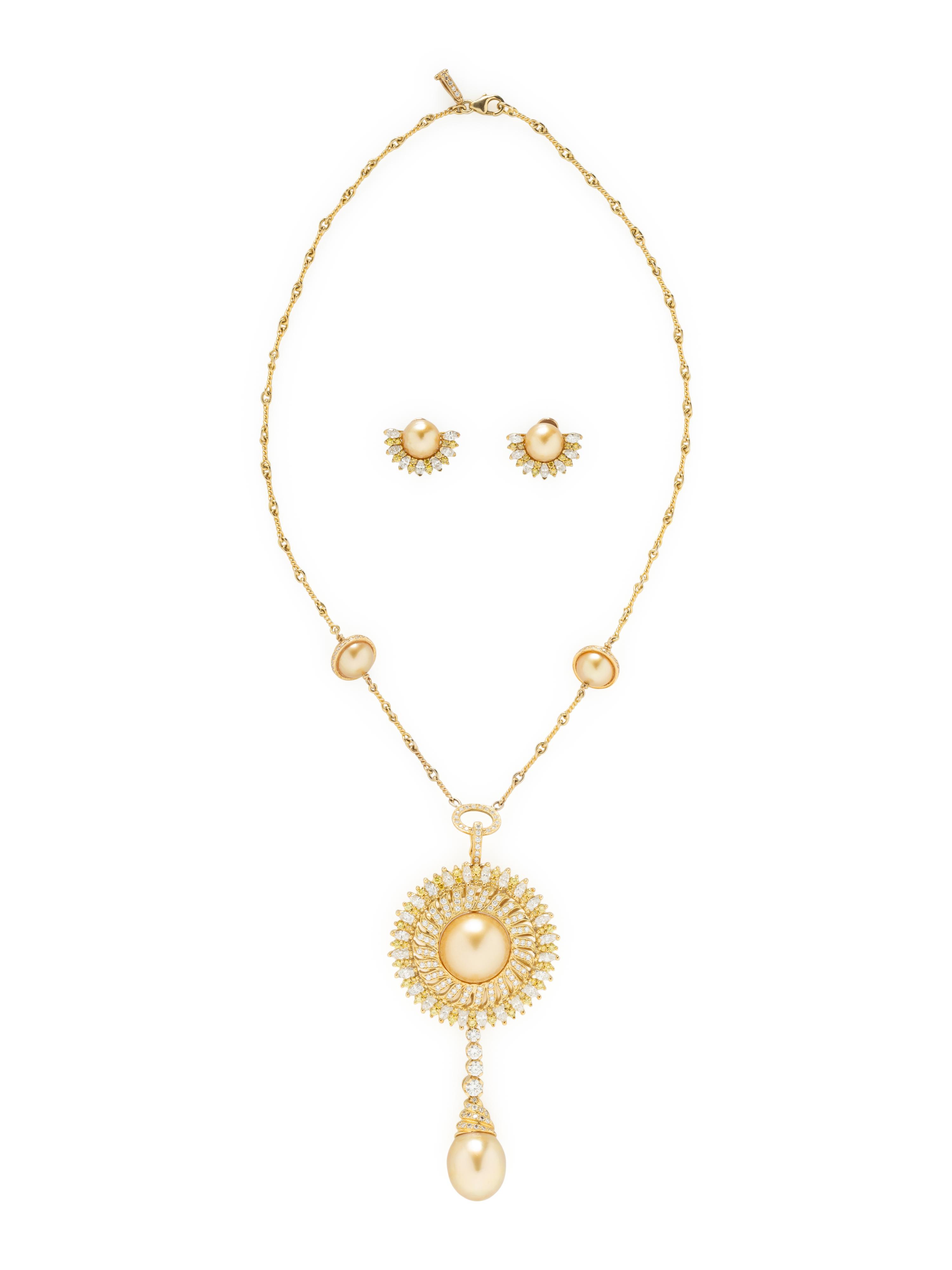 YELLOW GOLD, CULTURED PEARL, YELLOW DIAMOND, AND DIAMOND JEWELRY SUITE