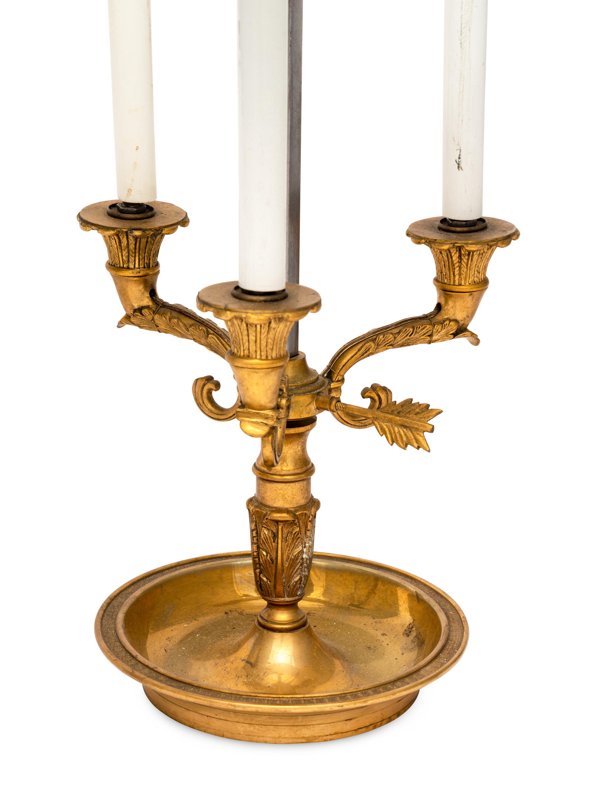 Two Empire Style Bouillotte Lamps with Tole Shades