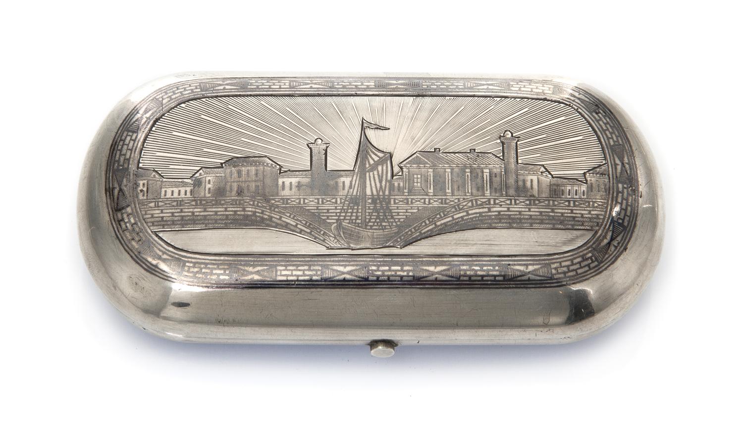 A Russian Niello Silver Cigarette Case, Mark of Alexander Egorov, assay mark obscured, Moscow, 1868, the lid decorated with a scene of
