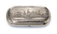 A Russian Niello Silver Cigarette Case, Mark of Alexander Egorov, assay mark obscured, Moscow, 1868, the lid decorated with a scene of