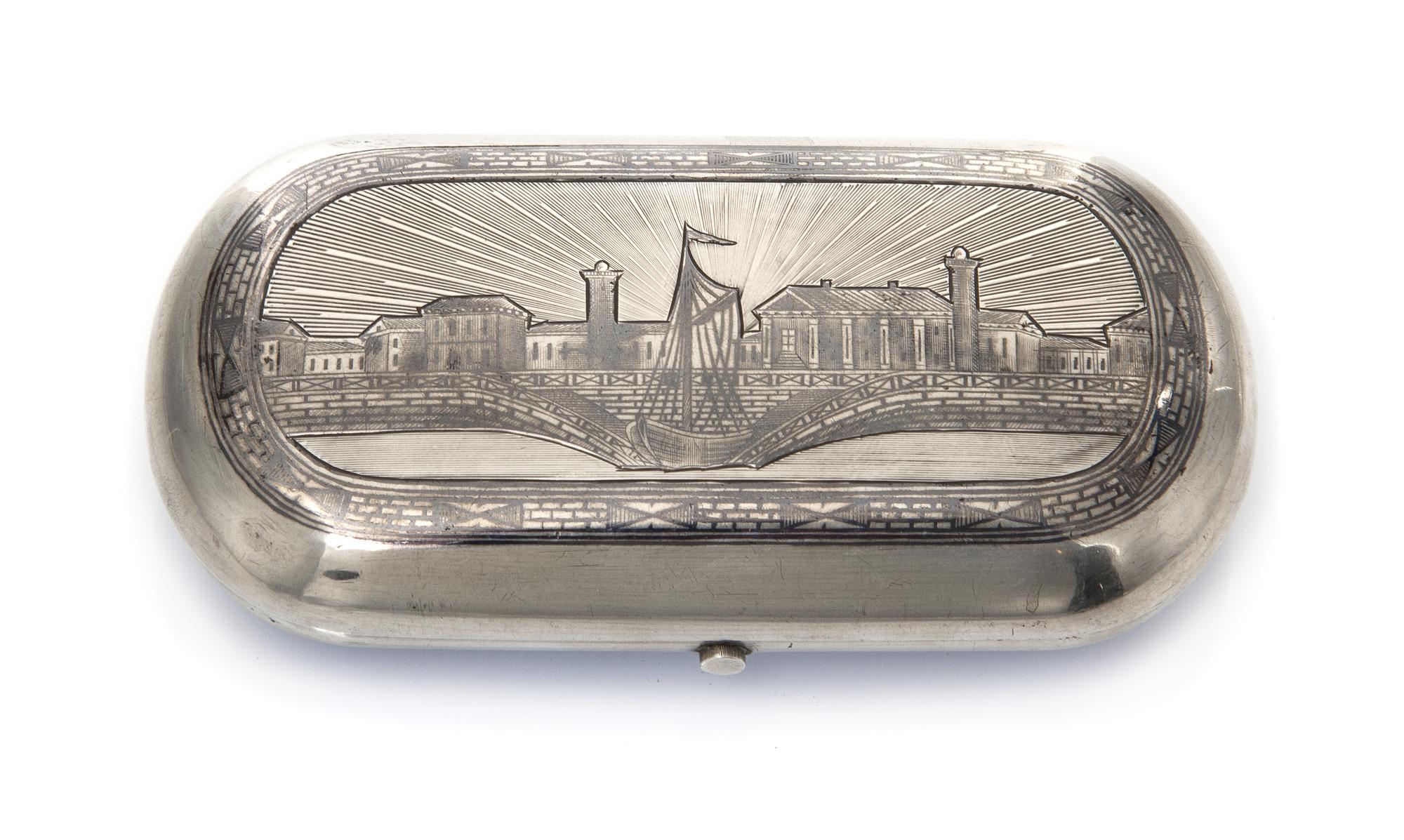 A Russian Niello Silver Cigarette Case, Mark of Alexander Egorov, assay mark obscured, Moscow, 1868, the lid decorated with a scene of