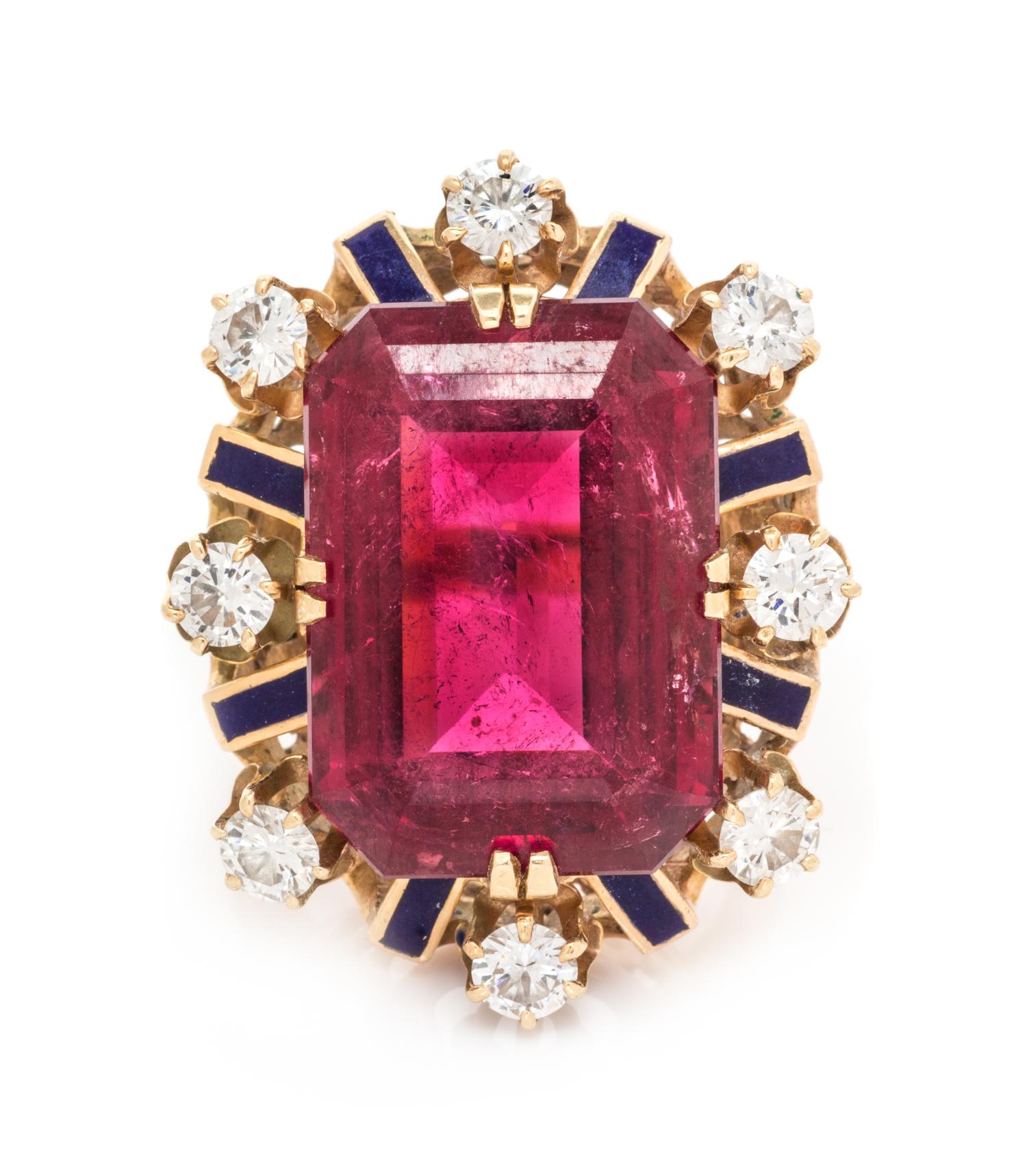 A 14 Karat Yellow Gold, Pink Tourmaline, Diamond and Enamel Ring, 10.00 dwts.