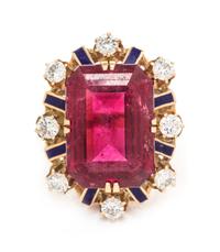 A 14 Karat Yellow Gold, Pink Tourmaline, Diamond and Enamel Ring, 10.00 dwts.