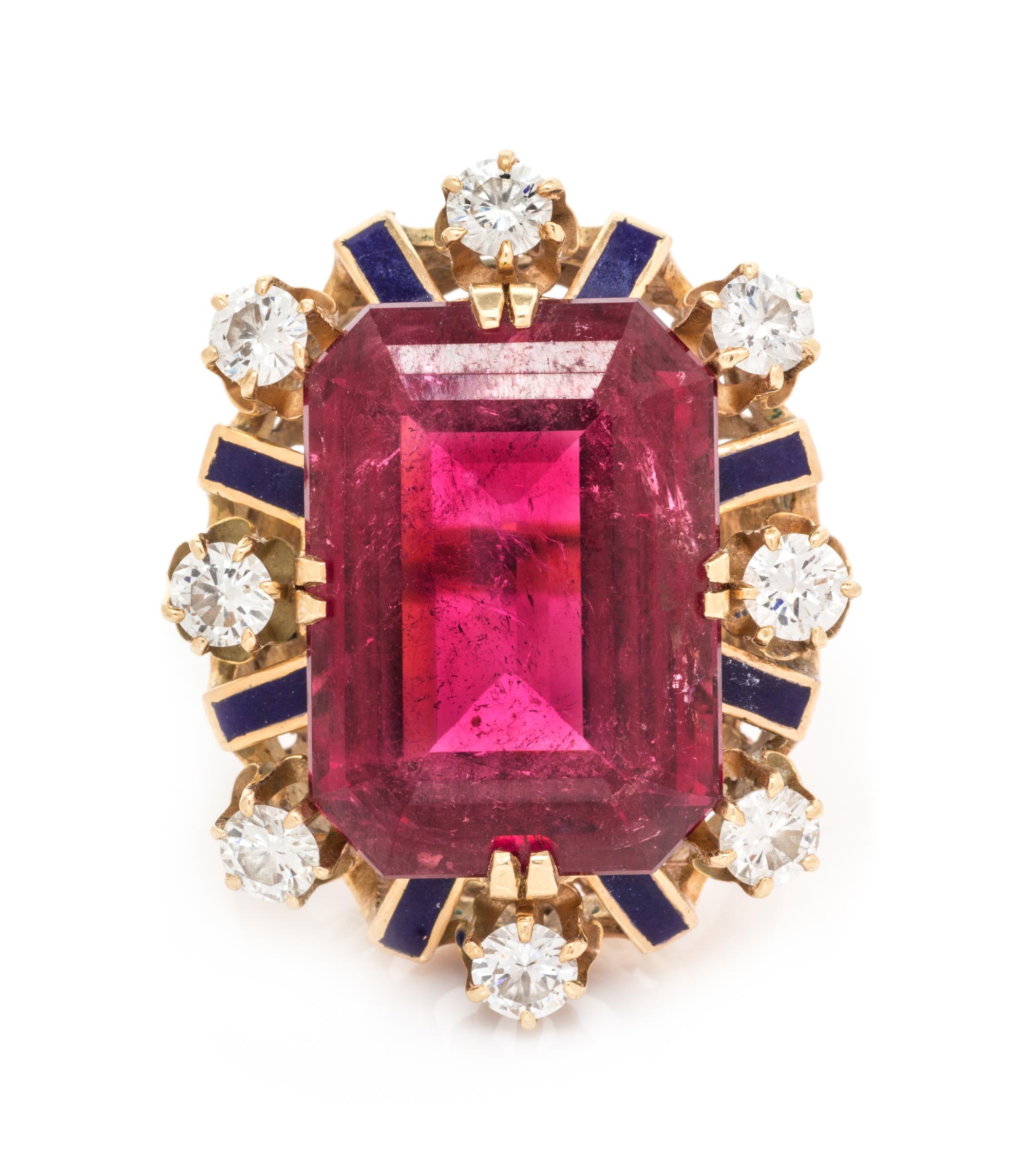 A 14 Karat Yellow Gold, Pink Tourmaline, Diamond and Enamel Ring, 10.00 dwts.