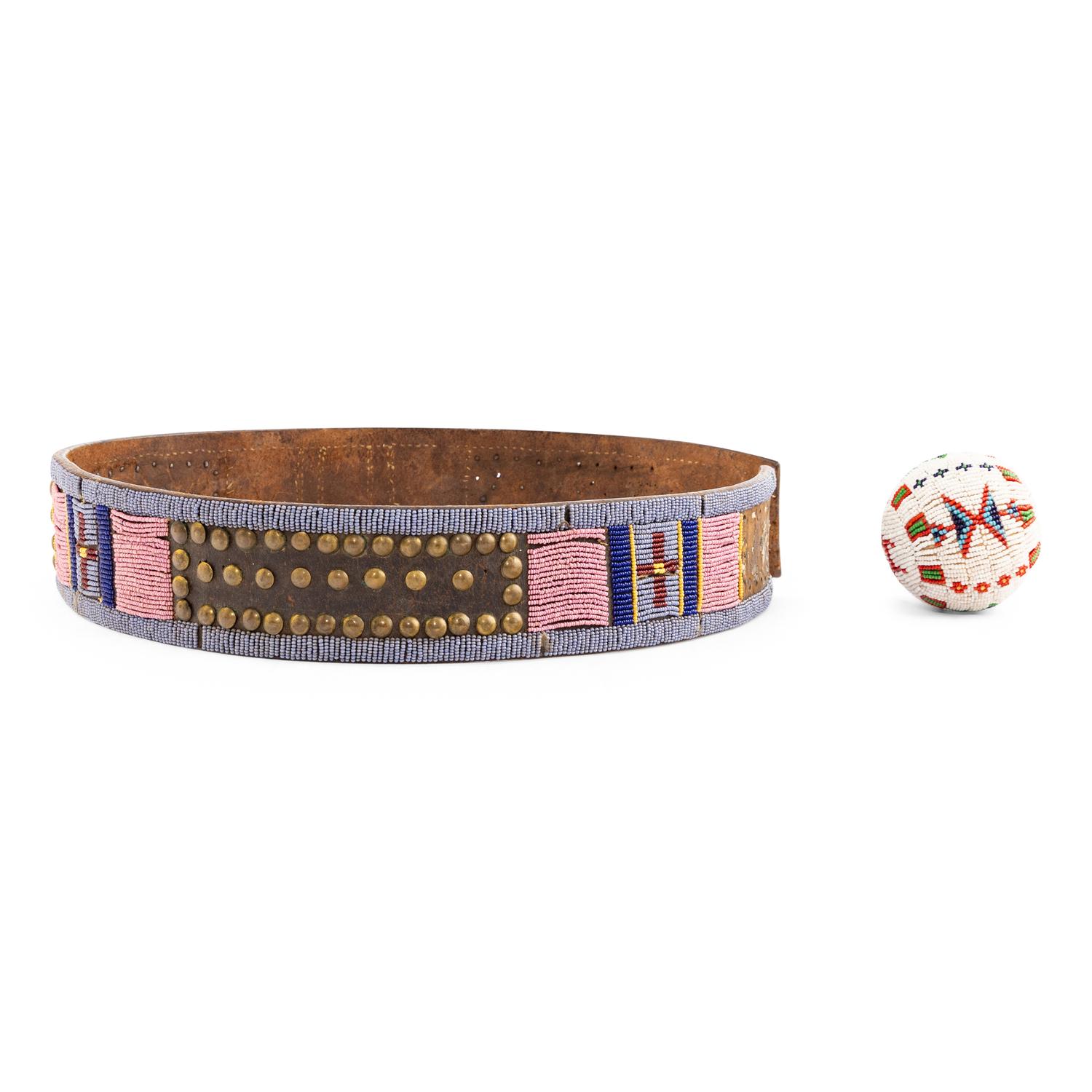 Apsáalooke [Crow] Beaded and Tacked Leather Belt AND Plains Game Ball