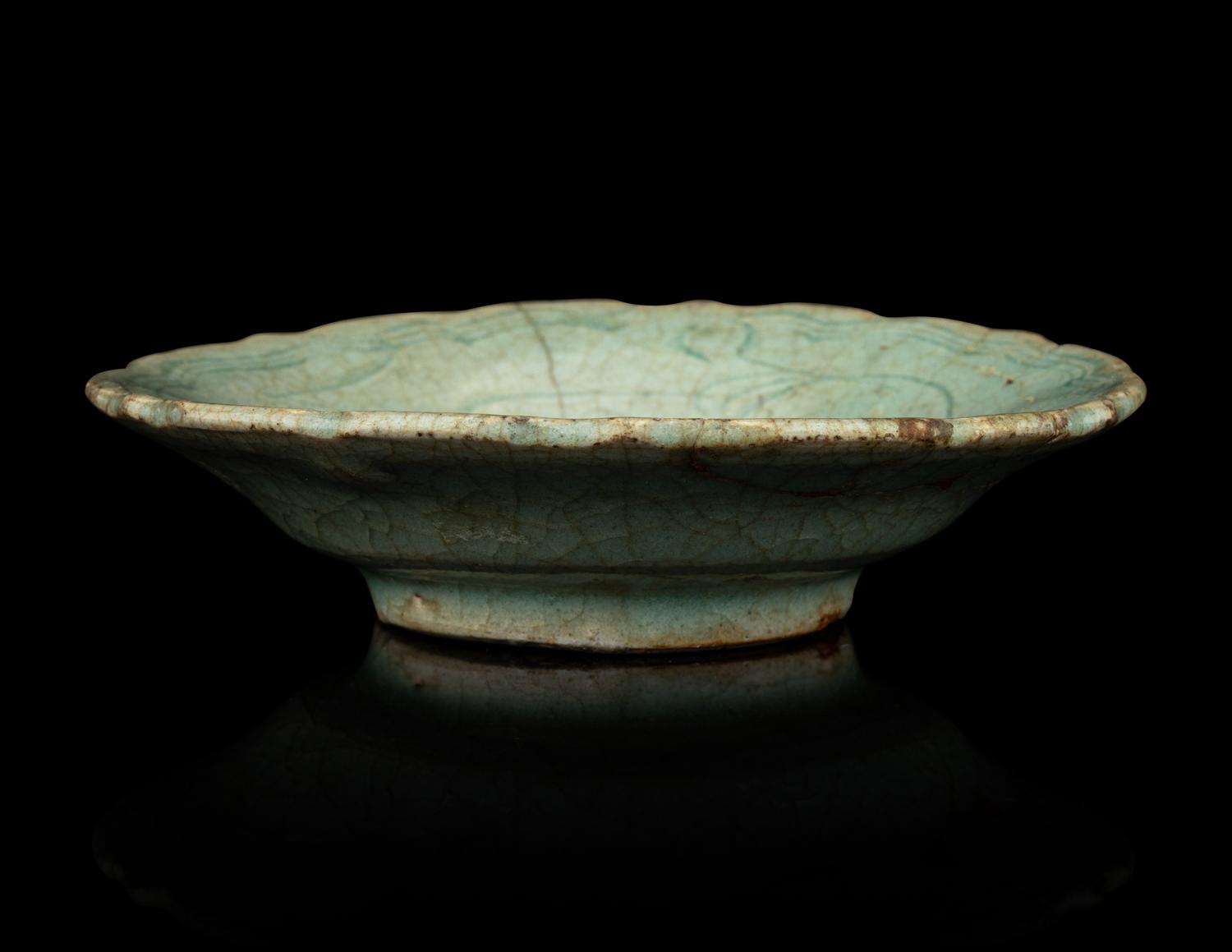 A Crackled Green Glazed Porcelain Floriform Dish