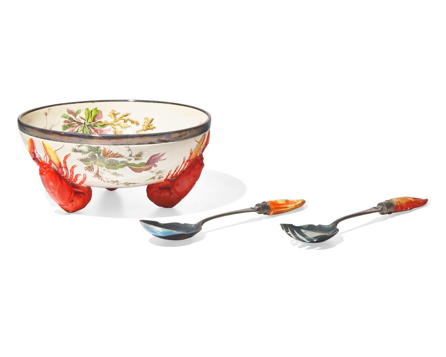 A Wedgwood Majolica Lobster Salad Bowl with Servers