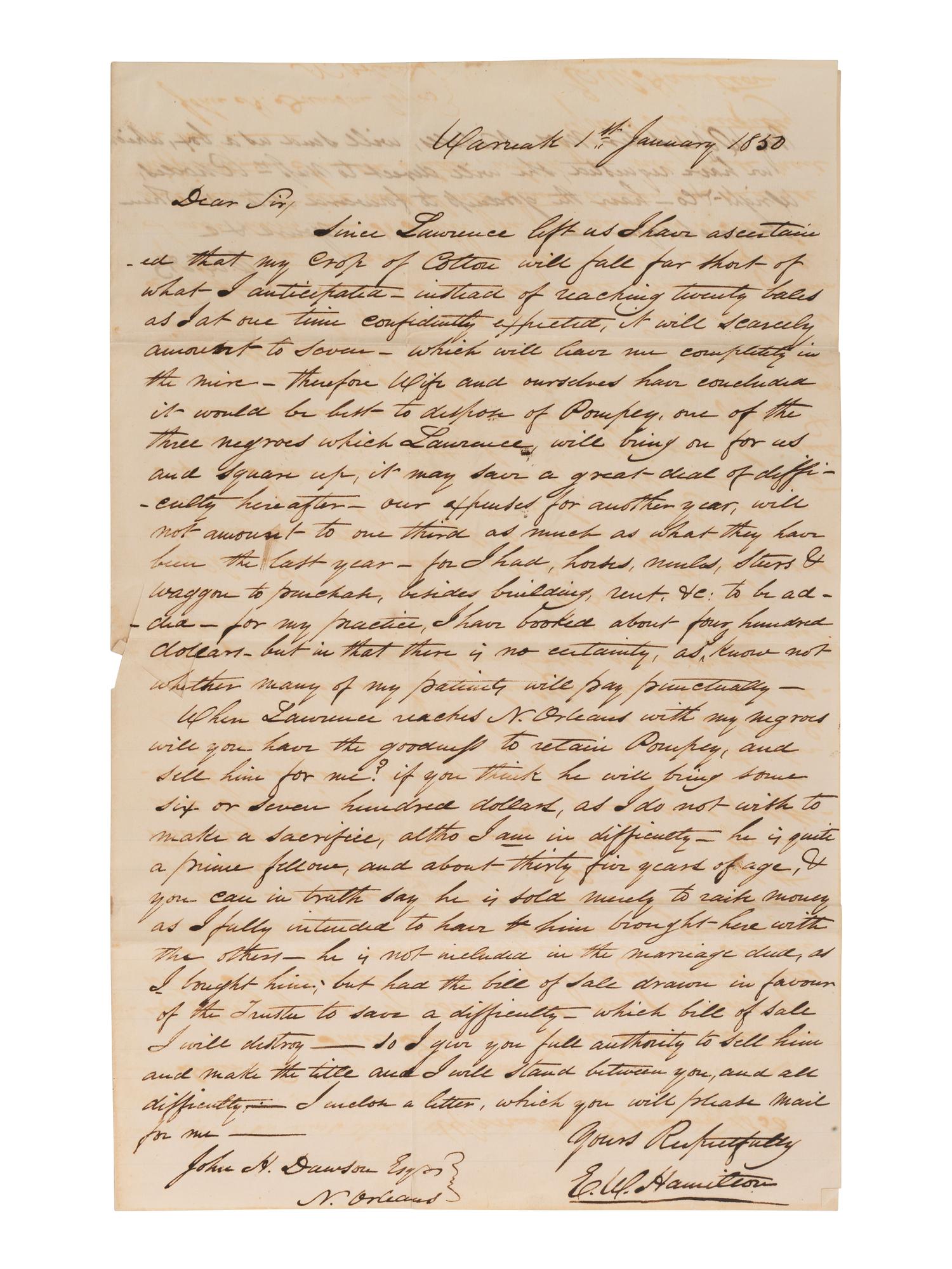 [ENSLAVEMENT]. Pair of letters lamenting the possible sale of a 35-year-old slave named Pompey. 1850.