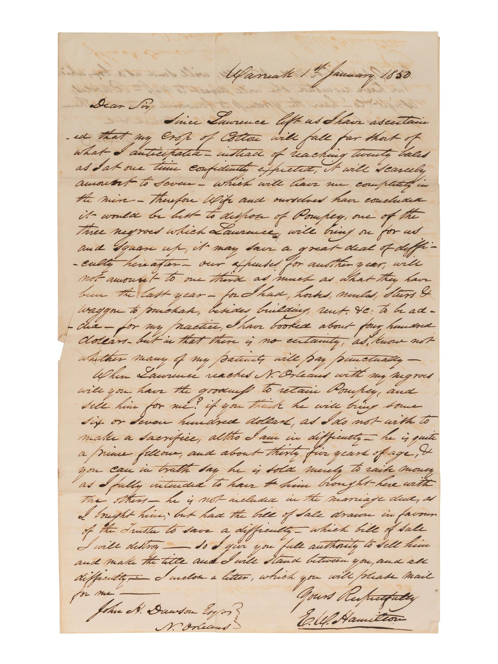 [ENSLAVEMENT]. Pair of letters lamenting the possible sale of a 35-year-old slave named Pompey. 1850.