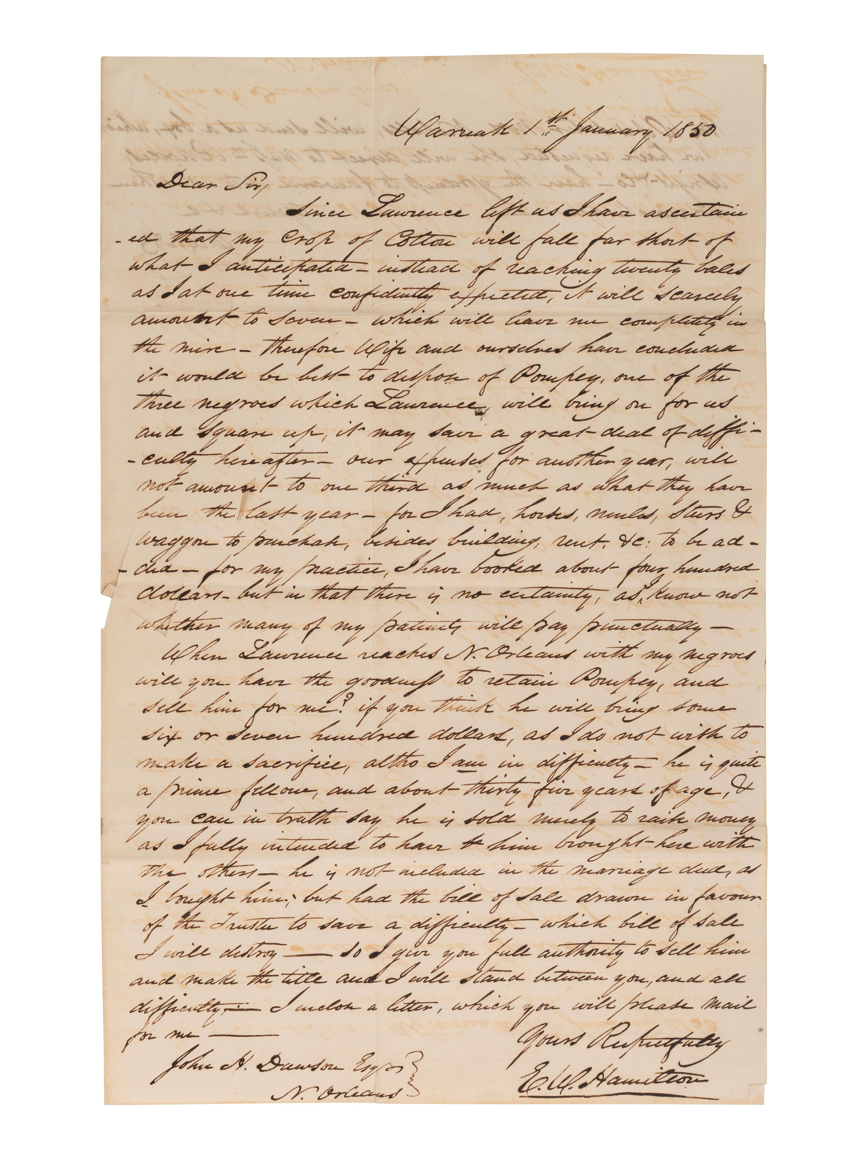 [ENSLAVEMENT]. Pair of letters lamenting the possible sale of a 35-year-old slave named Pompey. 1850.