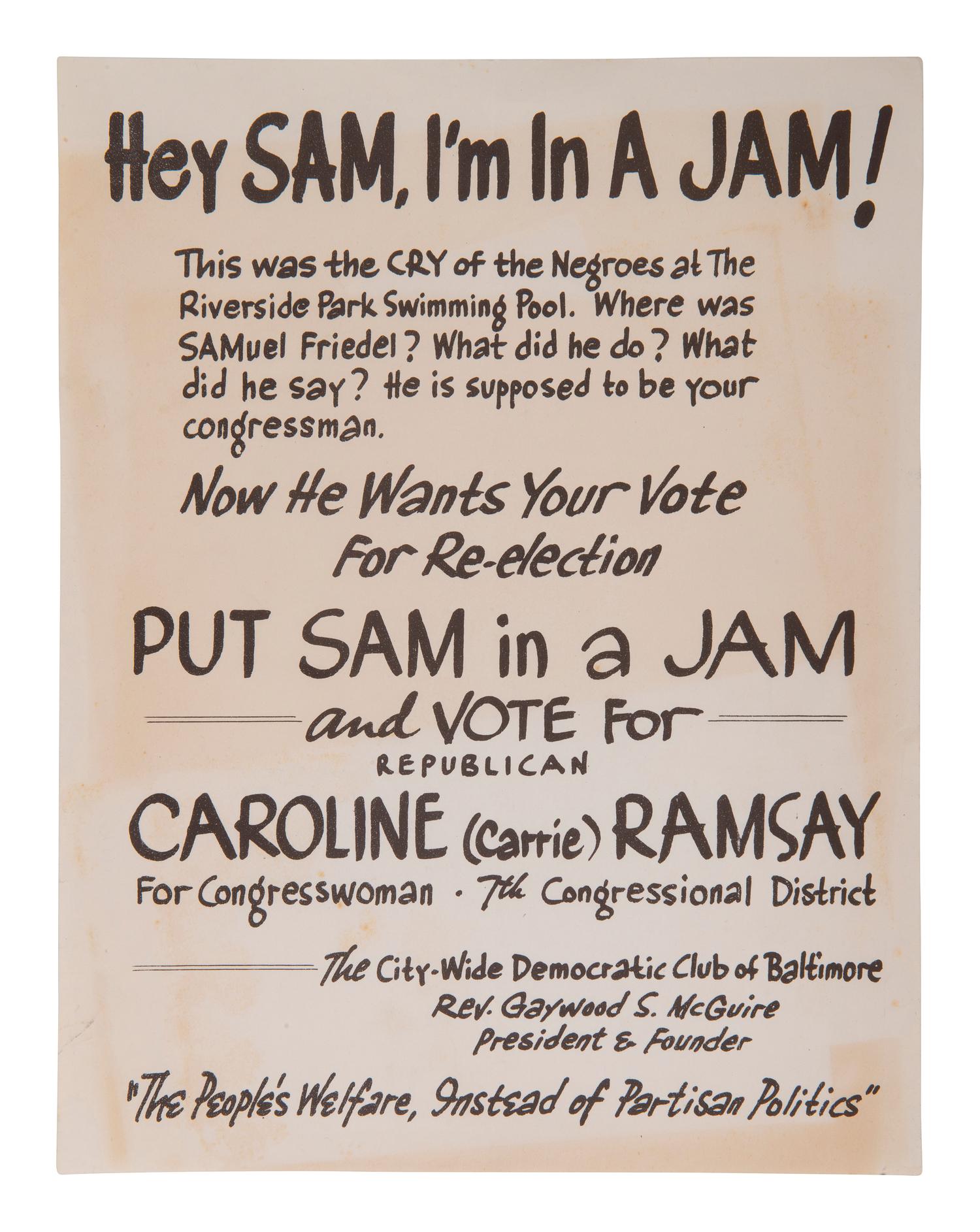 [CIVIL RIGHTS] Flyer addressing integration of Baltimore's Riverside Park Swimming Pool in 1962.