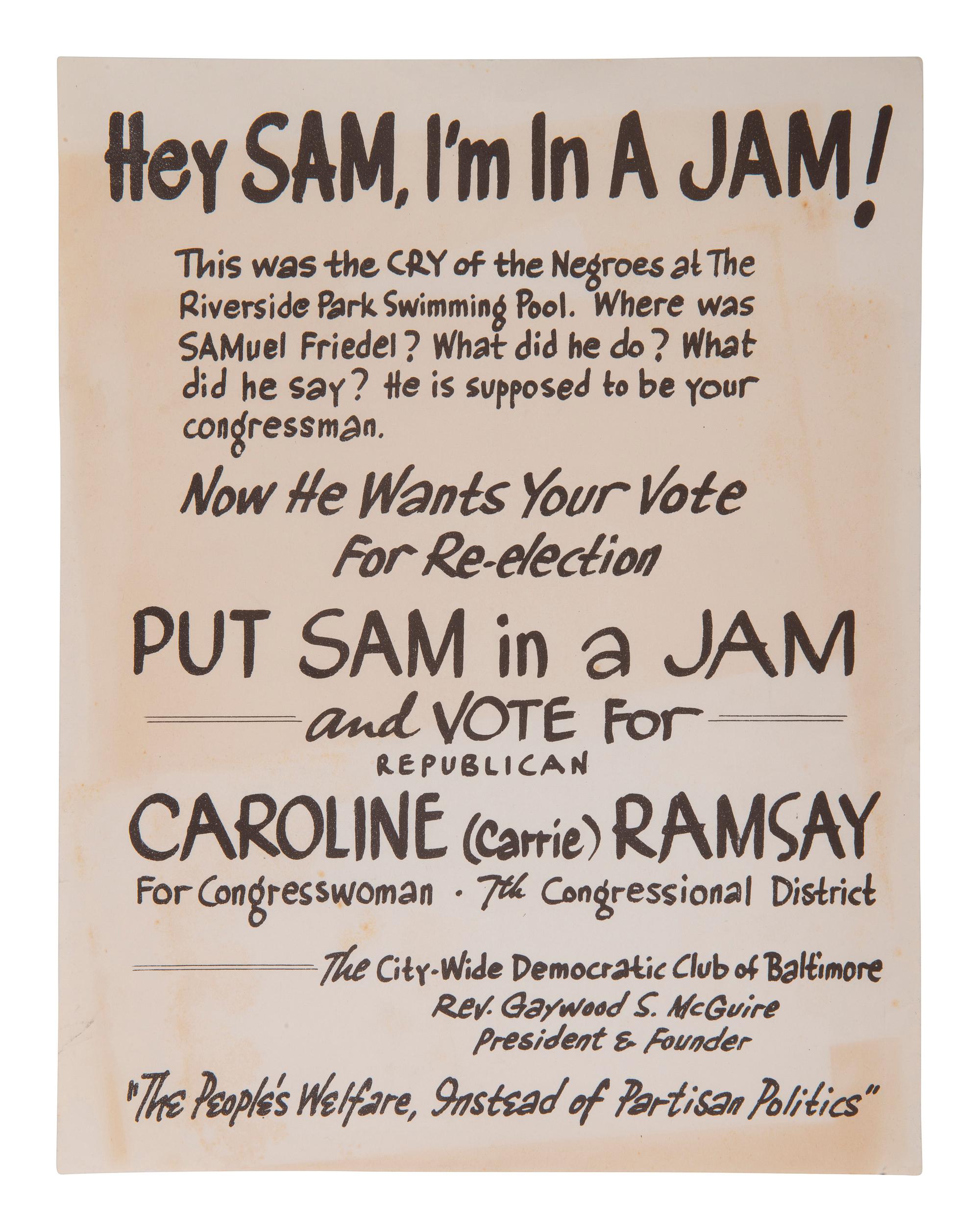 [CIVIL RIGHTS] Flyer addressing integration of Baltimore's Riverside Park Swimming Pool in 1962.