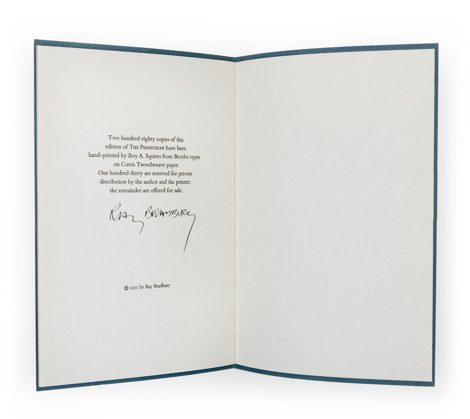 (MUGNAINI, JOSEPH) BRADBURY, RAY. The Pedestrian. Roy Squires, 1951. Limited. Signed.