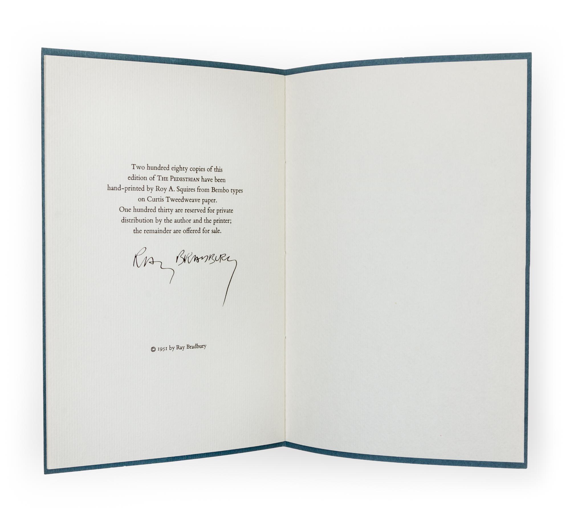 (MUGNAINI, JOSEPH) BRADBURY, RAY. The Pedestrian. Roy Squires, 1951. Limited. Signed.