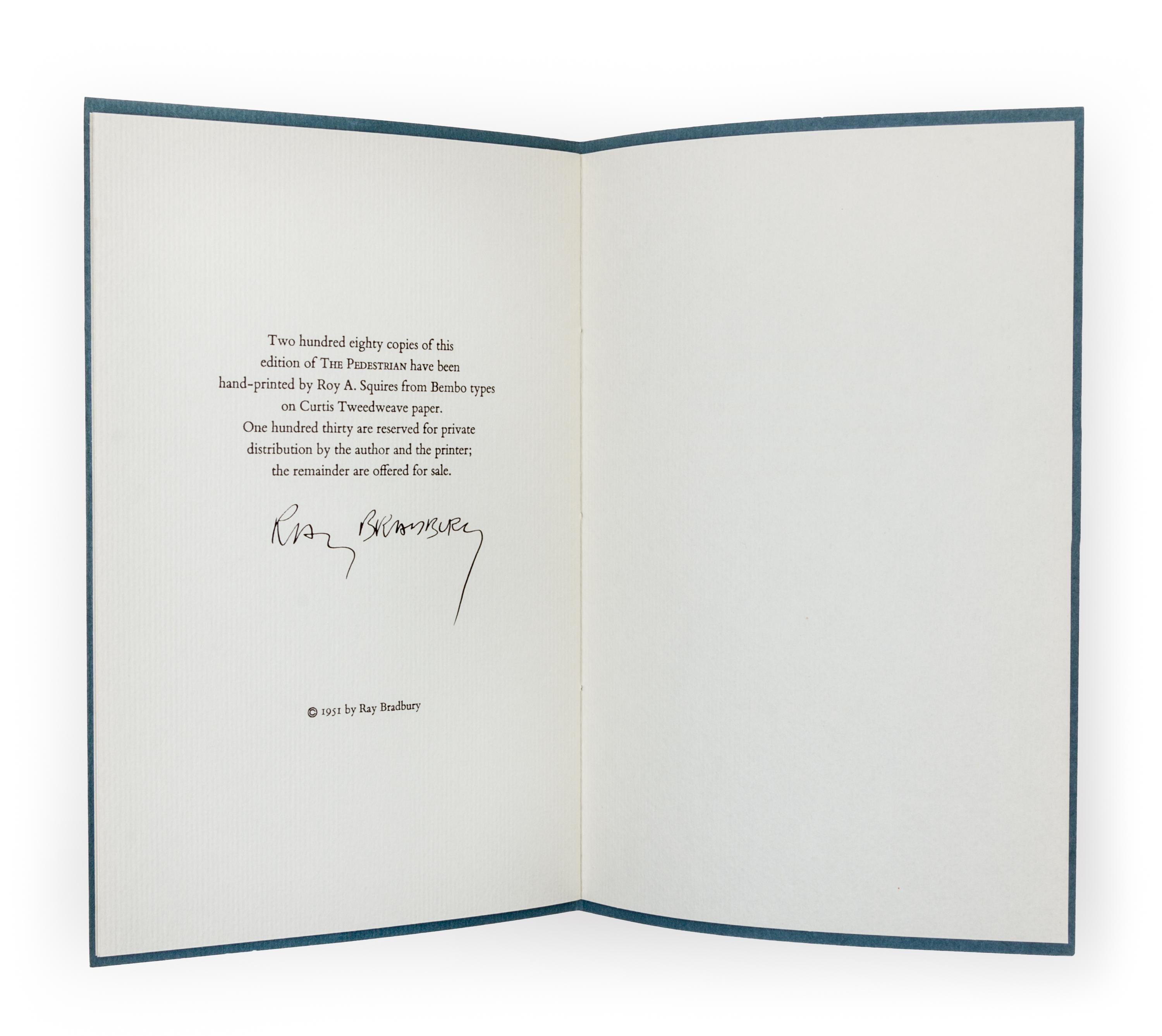 (MUGNAINI, JOSEPH) BRADBURY, RAY. The Pedestrian. Roy Squires, 1951. Limited. Signed.