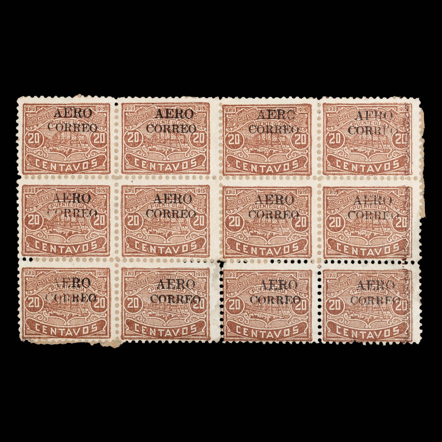 {PHILATELY} [SURCHARGE ERROR] HONDURAS. Airmail. 1925. 20c. Red-Brown with Black Surcharge (#C6 & C6d), Block of Twelve, The Error on Position 4 of Block with Surcharge Reading 'AFRO' Instead of 'AERO',