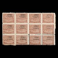 {PHILATELY} [SURCHARGE ERROR] HONDURAS. Airmail. 1925. 20c. Red-Brown with Black Surcharge (#C6 & C6d), Block of Twelve, The Error on Position 4 of Block with Surcharge Reading 'AFRO' Instead of 'AERO',
